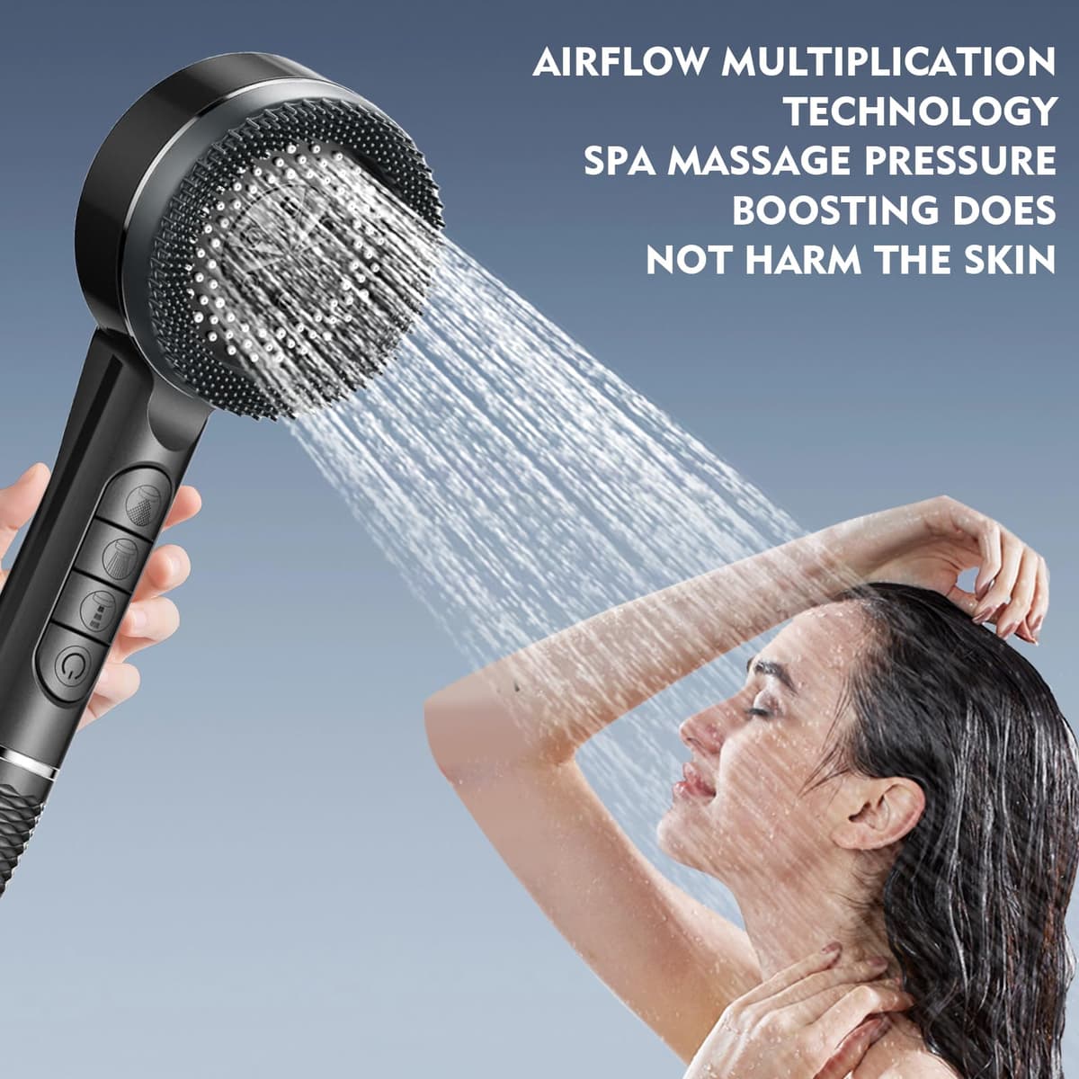 Cap de duș cu filtru și furtun, duș manual înaltă presiune cu 4 tipuri jeturi, cap duș economisire apă pentru baie, cu furtun 1.5m, 3 filtre, suport perete, gri cromat