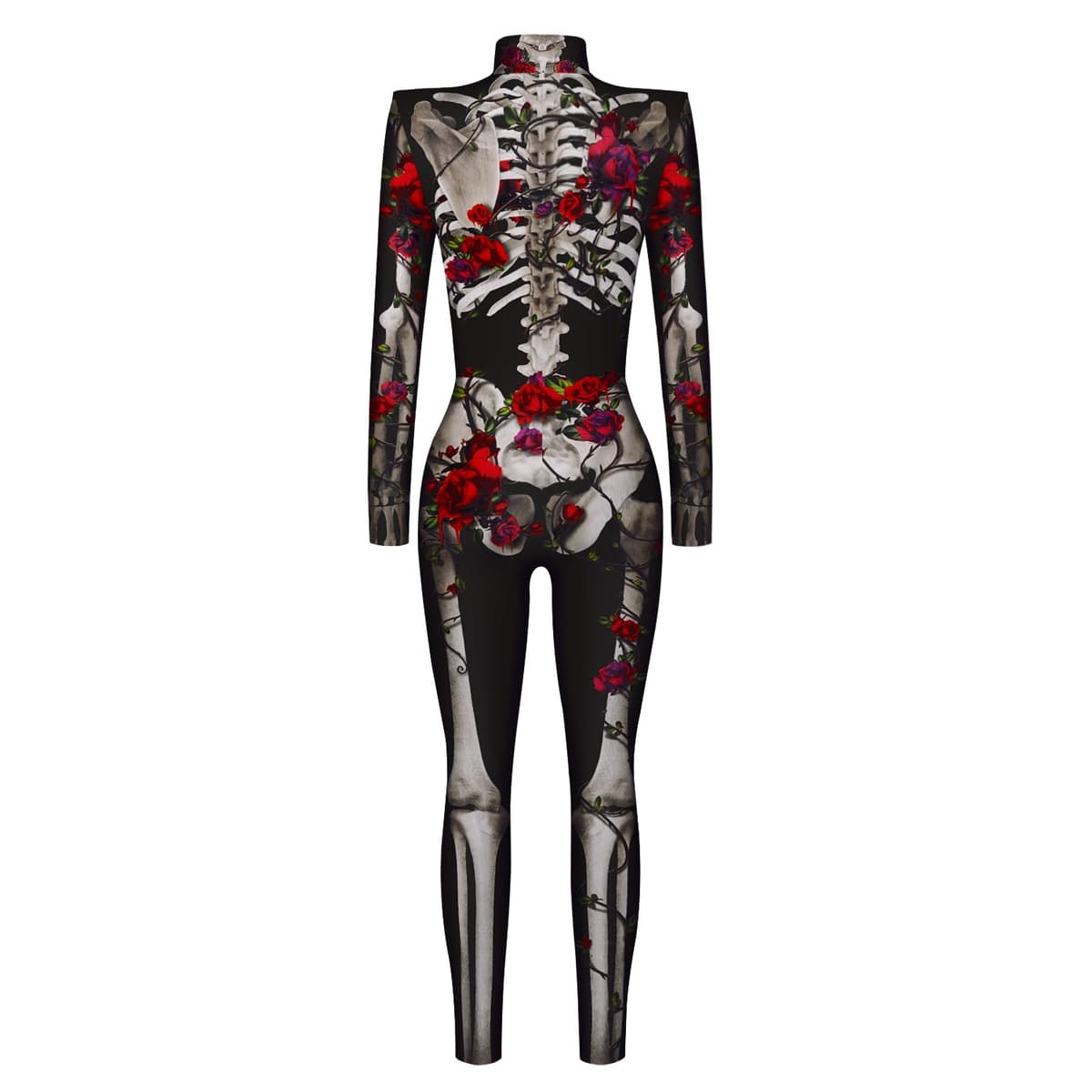 Salopetă Femei 3D Schelet Mâneci Lungi Imprimeu Digital Costum Halloween – Negru
