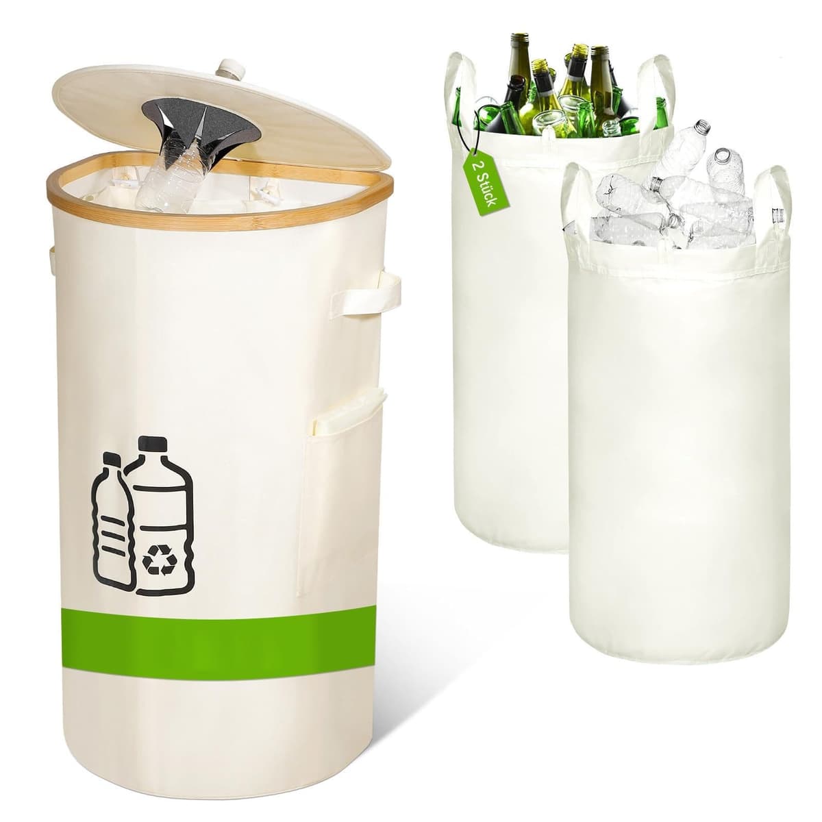 Colector sticle goale depozit container capac 100L, depozitare sticle deșeuri 2 buzunare interioare detașabile bej