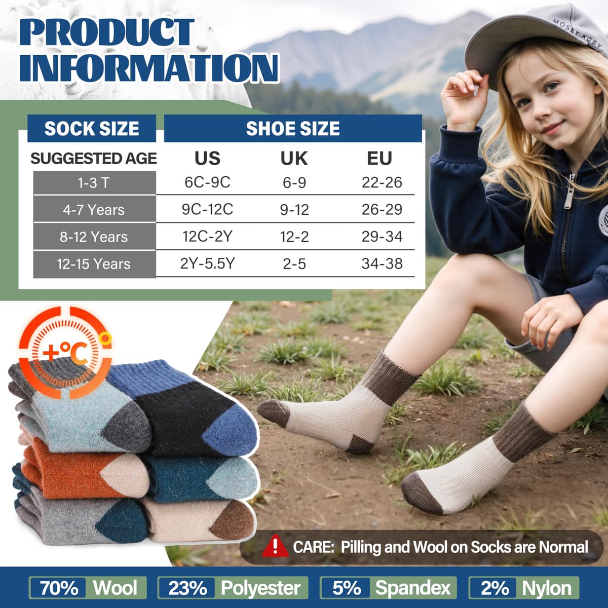 Șosete lână merino drumeții copii 6 perechi – termale groase căptușite iarnă – bloc culori 26-29