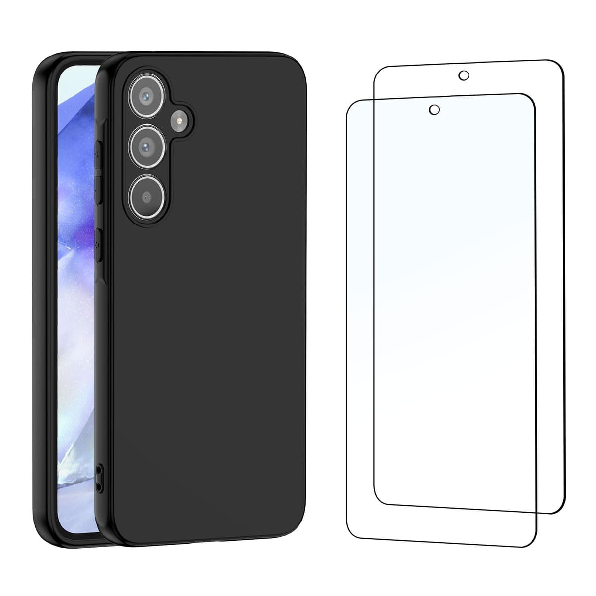 NEW'C husă Samsung Galaxy A55 silicon ultra subțire negru și 2× sticlă călită Galaxy A55 folie protecție ecran