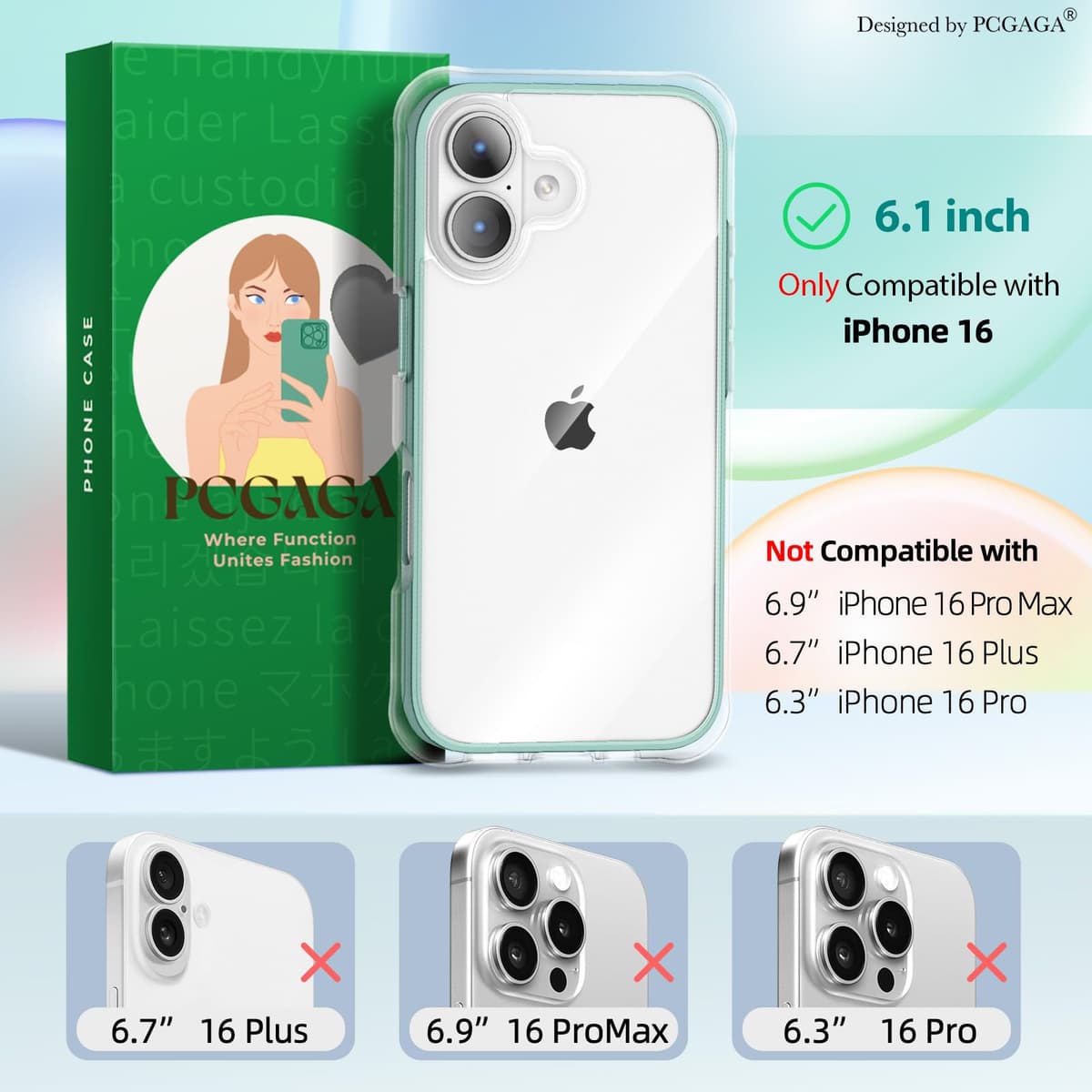 pcgaga husă iPhone 16 (2024), protecție militară cu airbag-uri, spate transparent rezistent verde