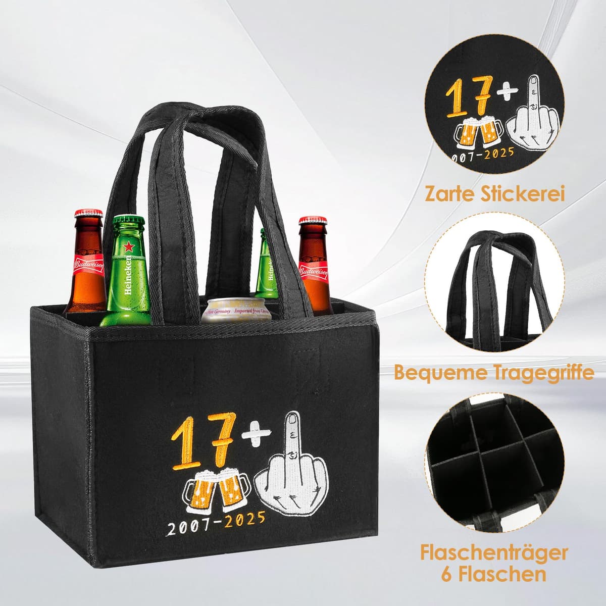 Geantă pentru sticle bere bărbați cu broderie – Fetru negru 6 sticle