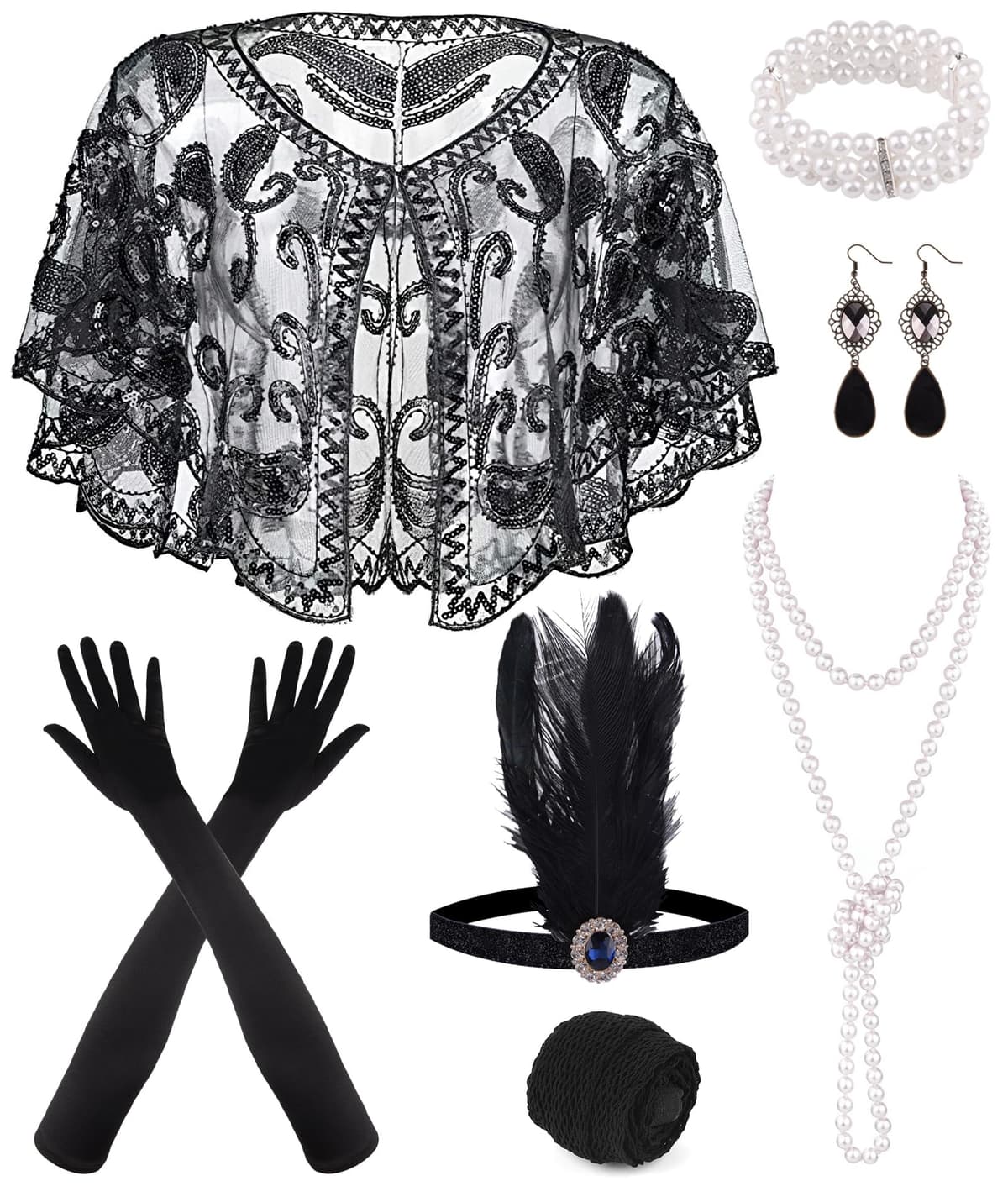 PLULON Set 10 piese accesorii 1920s Flapper Gatsby cu bandă, colier, mănuși negre