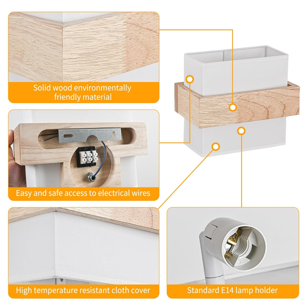 Gleonlux lampă perete lemn interior, lampă vintage cu soclu E14, husă textil boho