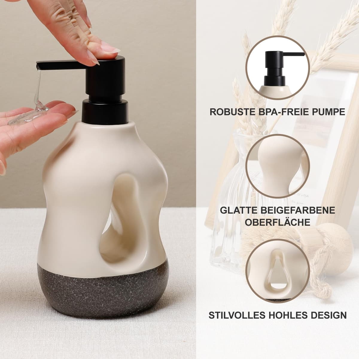 BosilunLife Set baie ceramic 4 piese cu dispenser săpun, pahar periuță (bej)