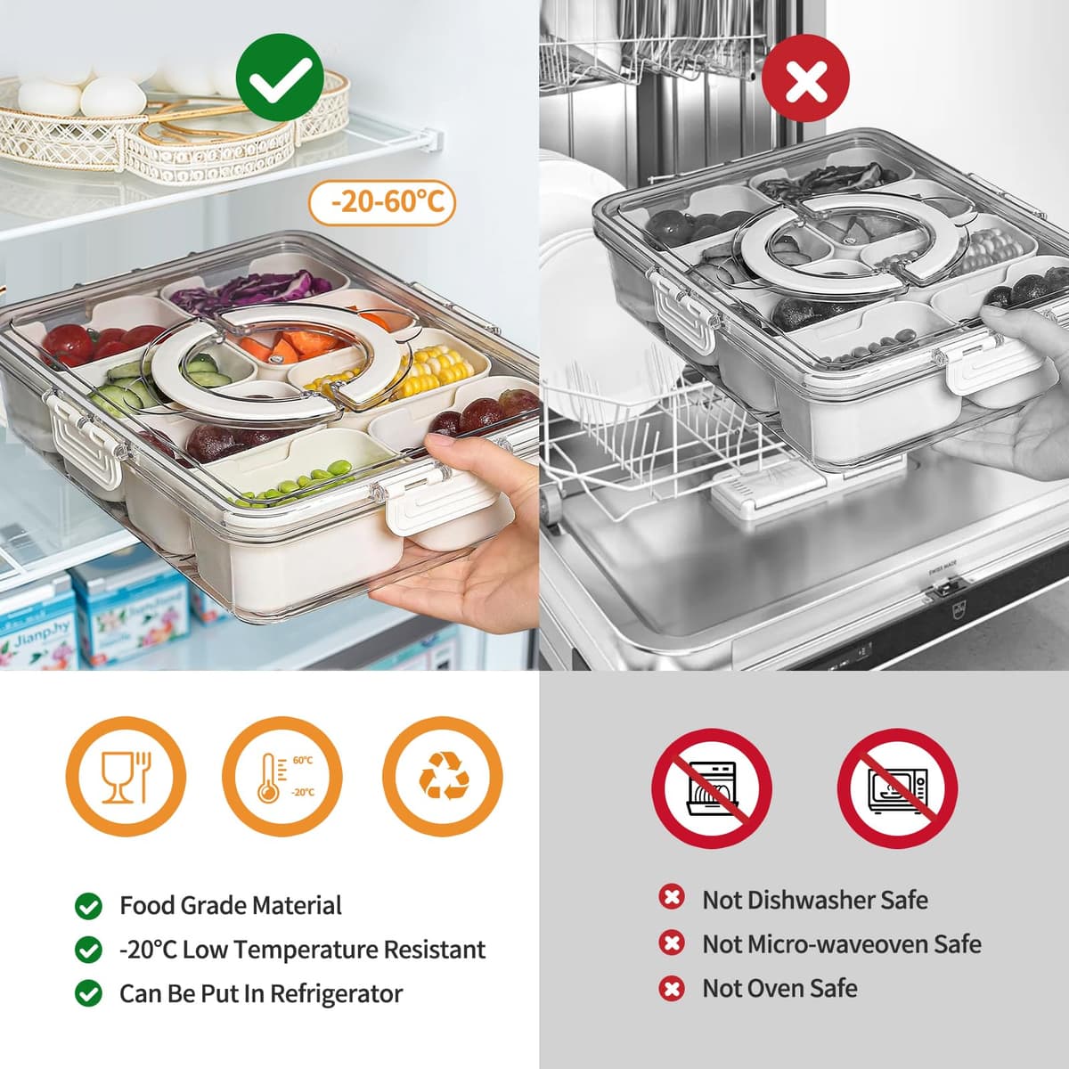 Tavă gustări cu capac și mâner, 8 compartimente tavă servire portabilă – Negru