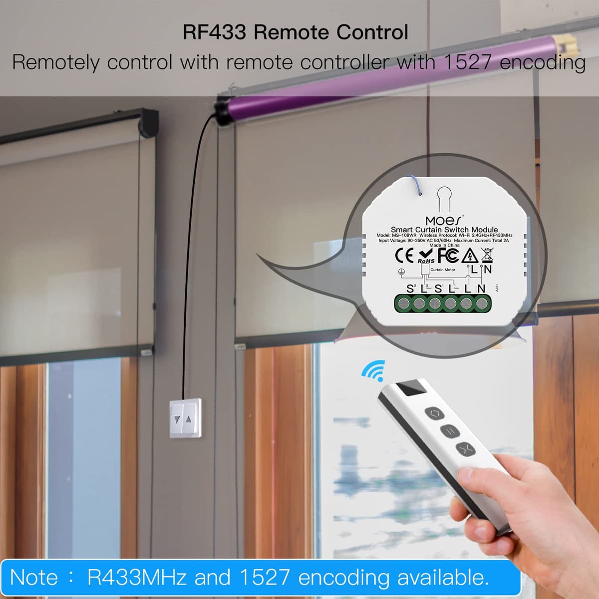 MOES Wlan RF433 Alexa Modul Intrerupător Jaluzele Motorizi, WiFi Radio Timer pentru Motor Jaluzele, Compatibil Smart Life Tuya, Alexa și Google, Doar 2.4GHz