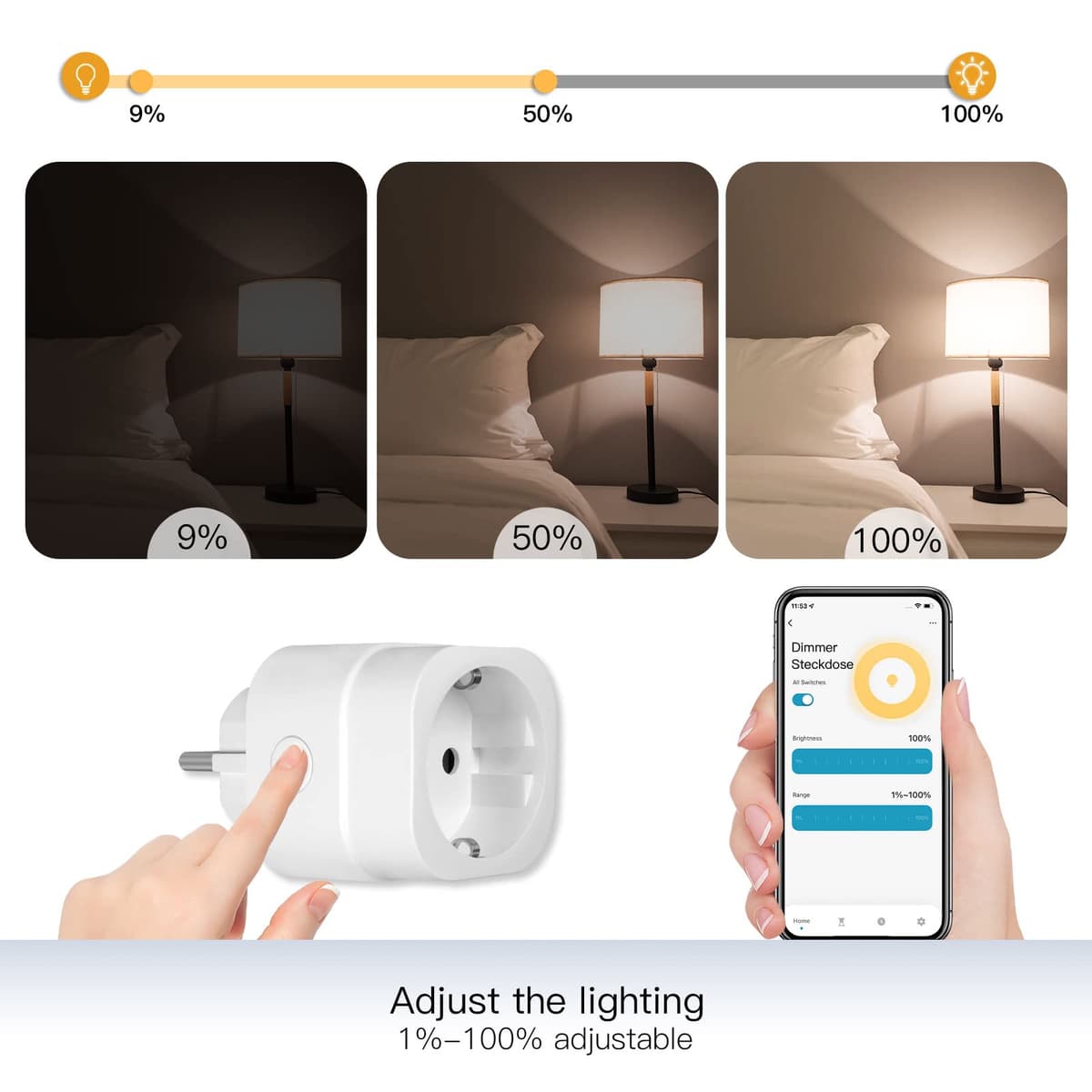 MOES Priză inteligentă dimmer Wi-Fi 2.4GHz pentru LED-uri, control vocal Alexa Google