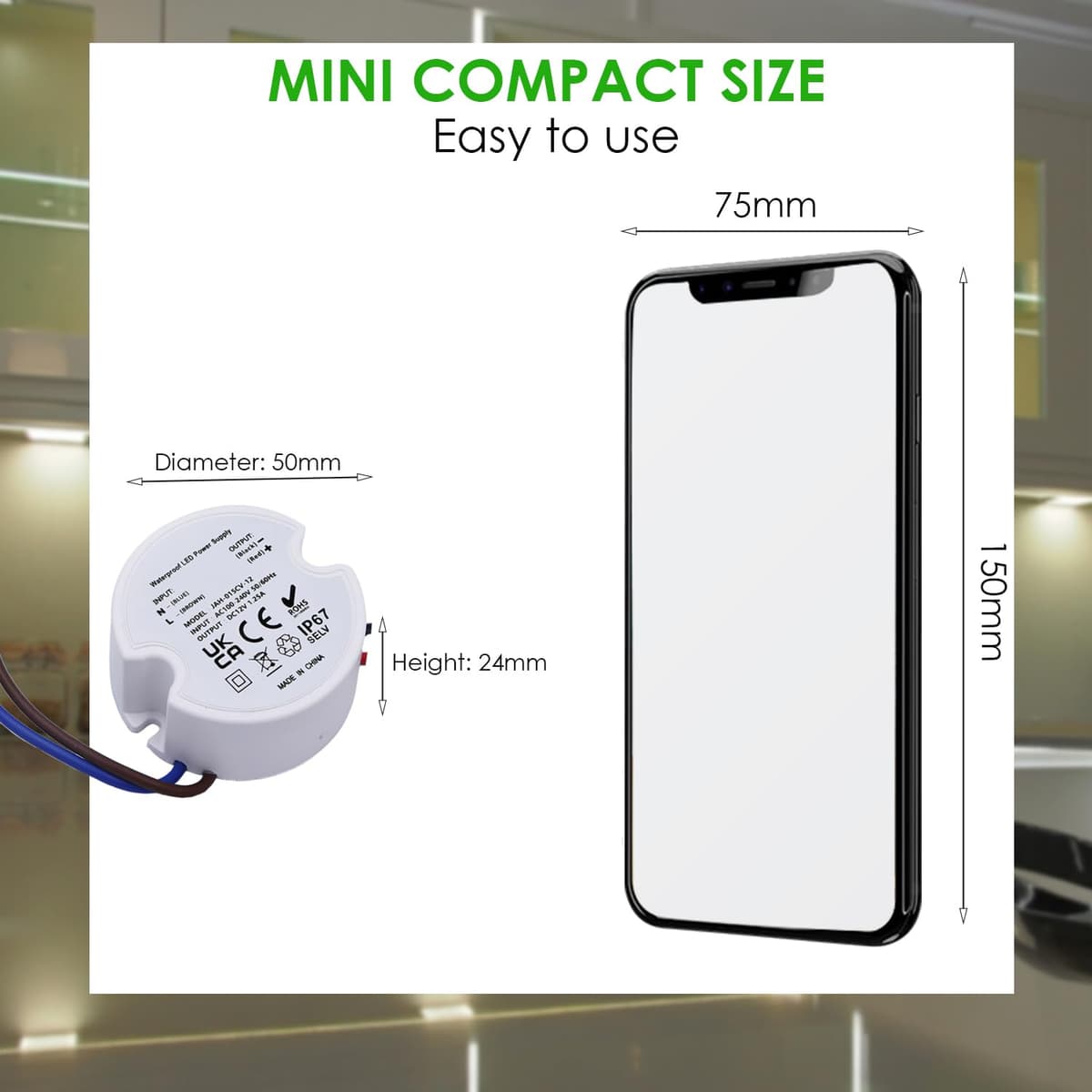 Noobibaba Transformator LED 12V Încastrat Mini, Rotund 12V 1.25A 15W, 230V la 12V IP67