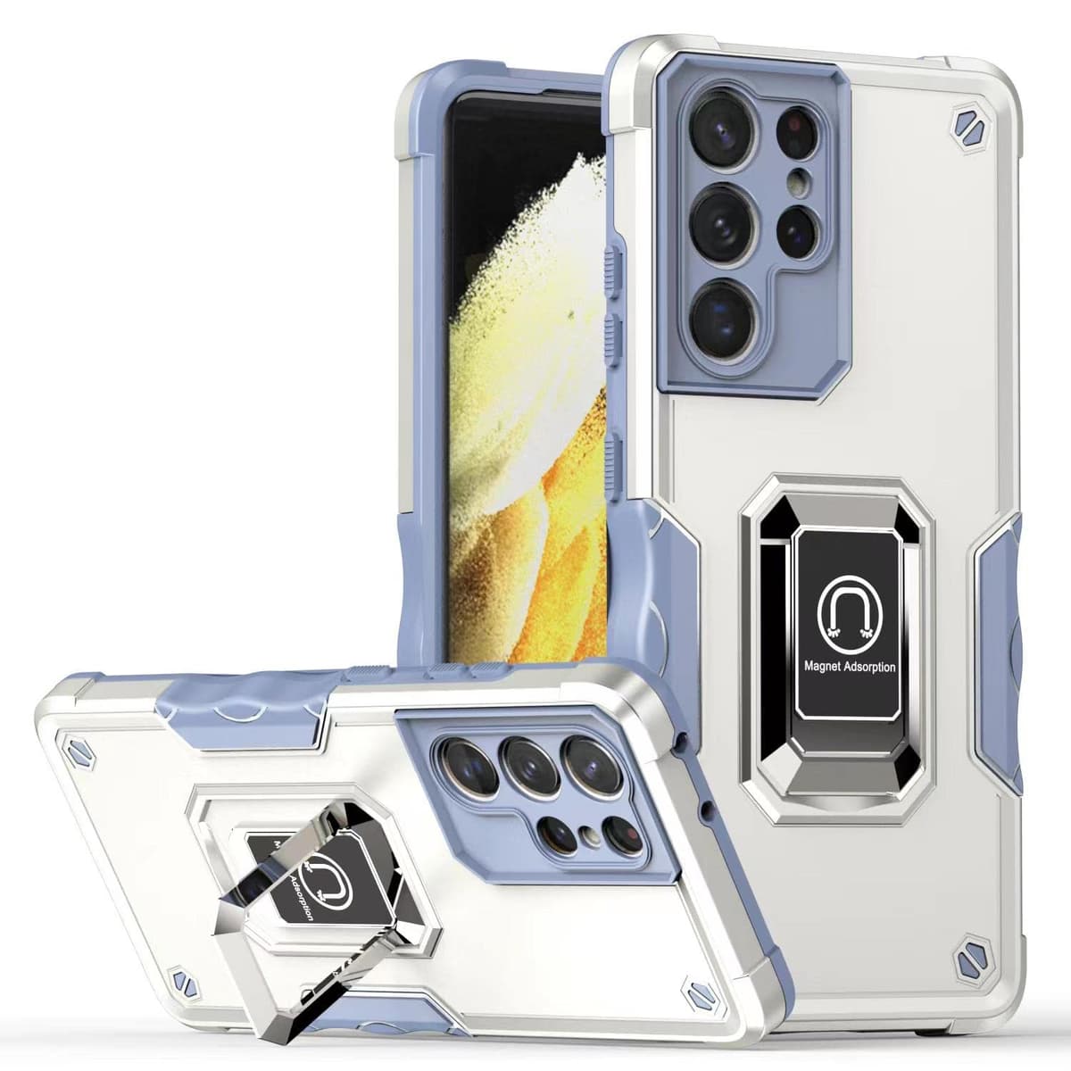 Whyzshiyi husă Samsung Galaxy S21 Ultra 5G cu suport inel, PC+TPU dublu strat protecție anti-șoc - alb