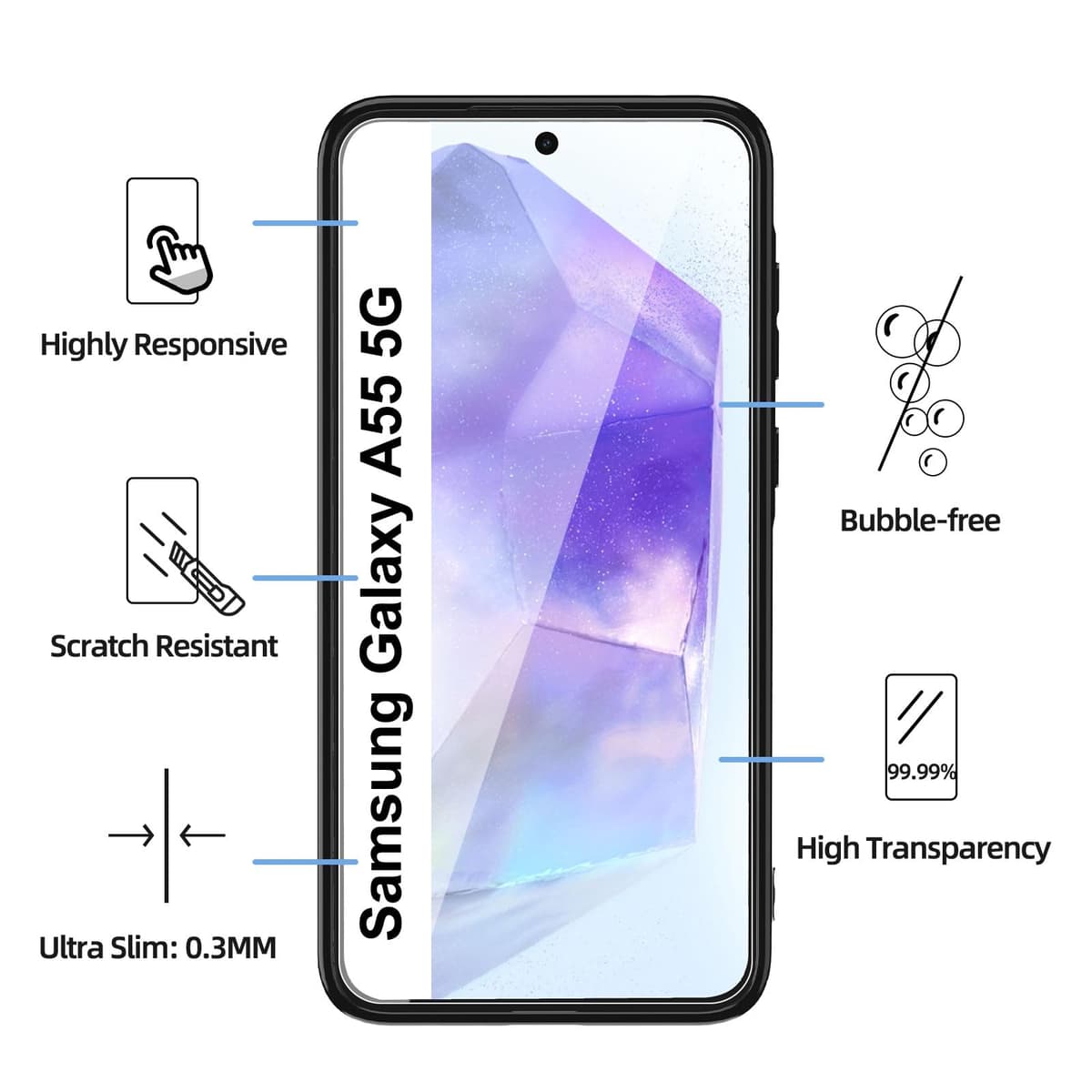 NEW'C husă Samsung Galaxy A55 silicon ultra subțire negru și 2× sticlă călită Galaxy A55 folie protecție ecran