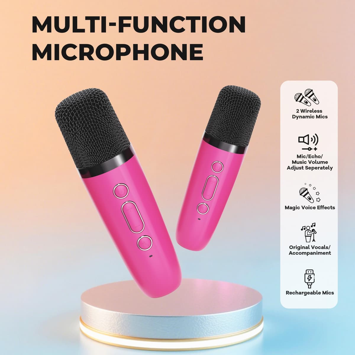 Mașină karaoke copii cu 2 microfoane, difuzor Bluetooth și lumini LED - roz închis