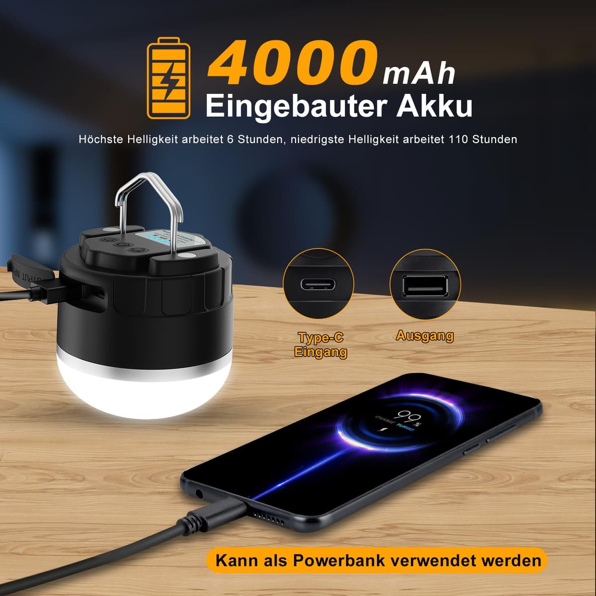 Lampă LED Camping Reîncărcabilă - Lampă Portabilă Cort cu Baterie 4000mAh, 3 Moduri Lumină, Bază Magnetică, IP65 Rezistentă la Apă