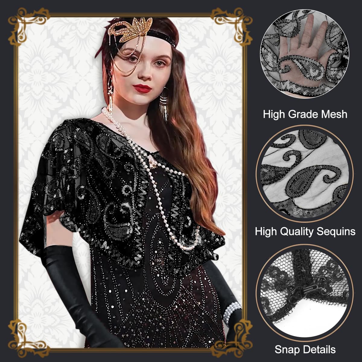 PLULON Set 10 piese accesorii 1920s Flapper Gatsby cu bandă, colier, mănuși negre