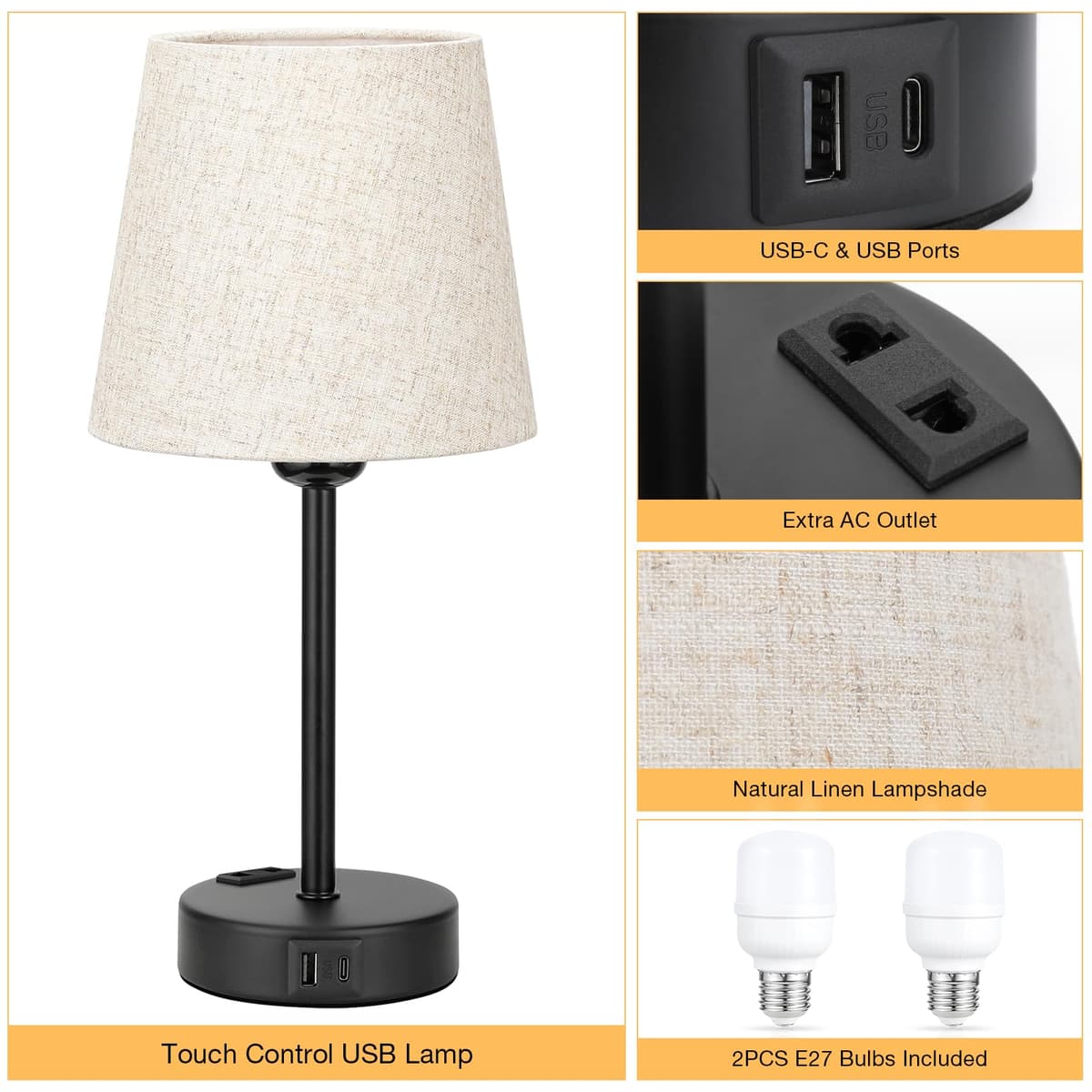 Kakanuo Lampă Noptieră Touch Dimmabilă Set 2, Lampă Masă cu Funcție Încărcare Porturi USB A+C Prize 2 Becuri LED, Abajur In