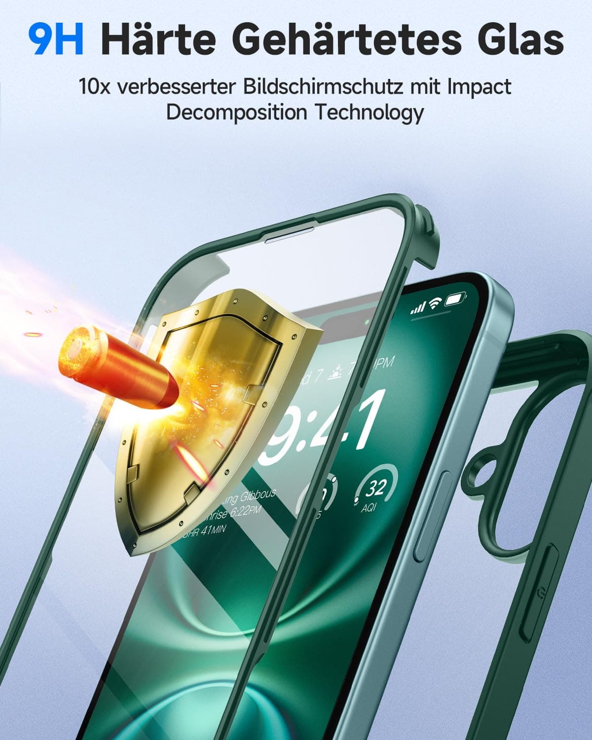 Husă iPhone 16 cu Protecție Sticlă Călită Anti-șoc – Verde