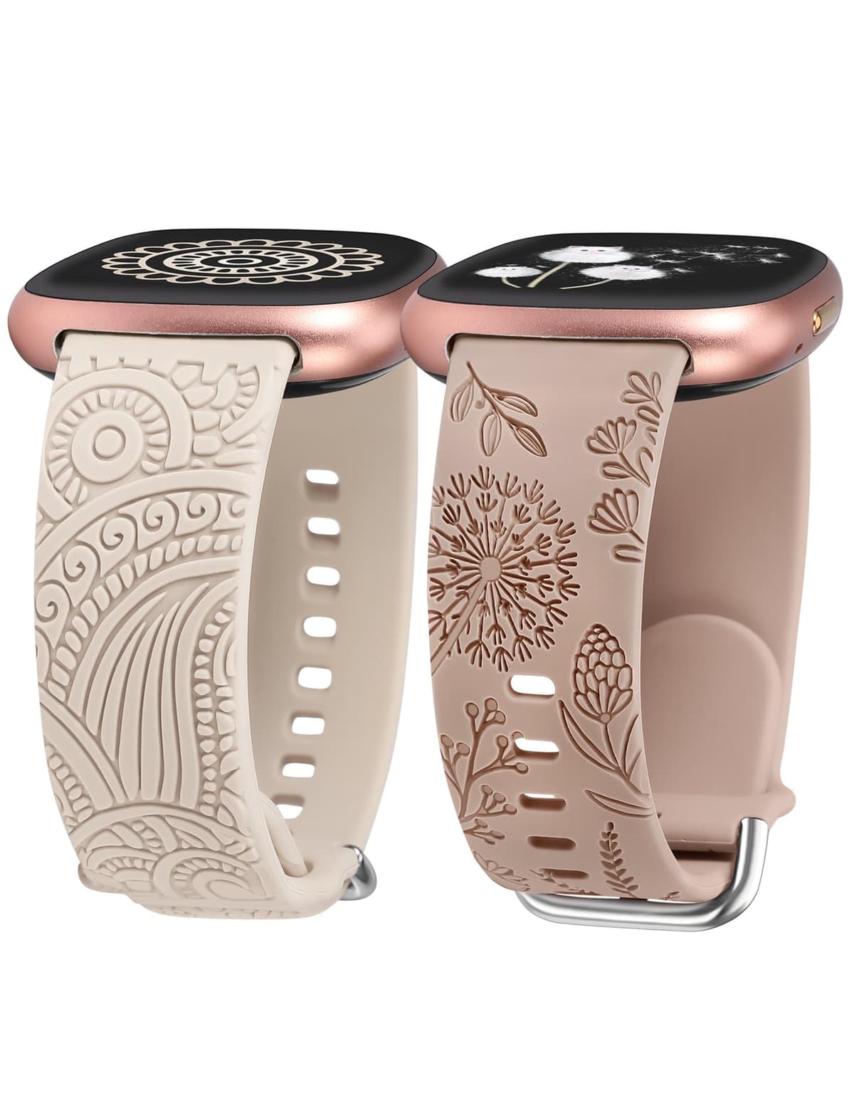 Brățară gravată floral pentru Fitbit Versa 4/3/Sense 2 – Boho Henna/floare păpădie