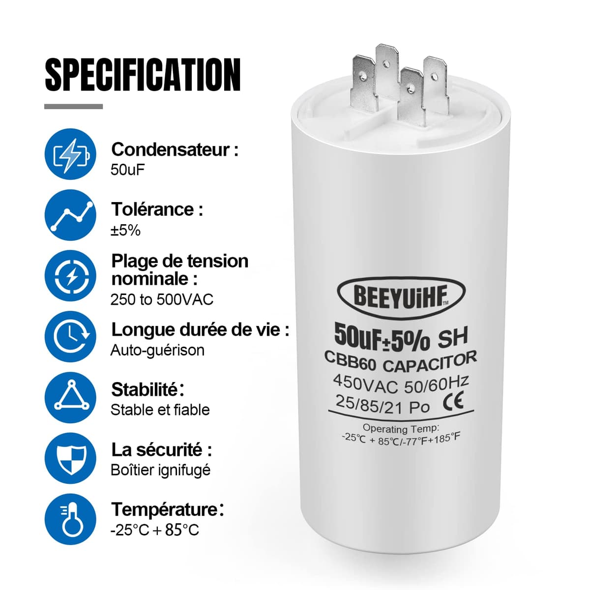 BEEYUIHF Condensator Pornire 50µF 50x108mm 50/60Hz 450VAC cu Șurub M8 Motor Electric CBB60