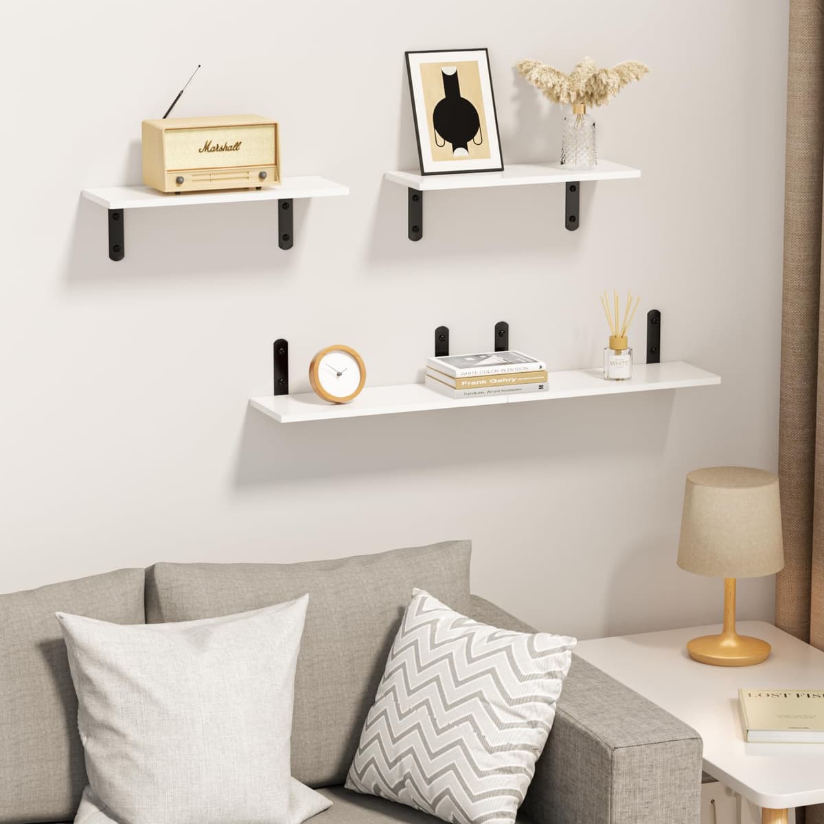 Diwoker Rafturi perete, 4 bucăți rafturi suspendate pentru depozitare, living, bucătărie, baie (alb)