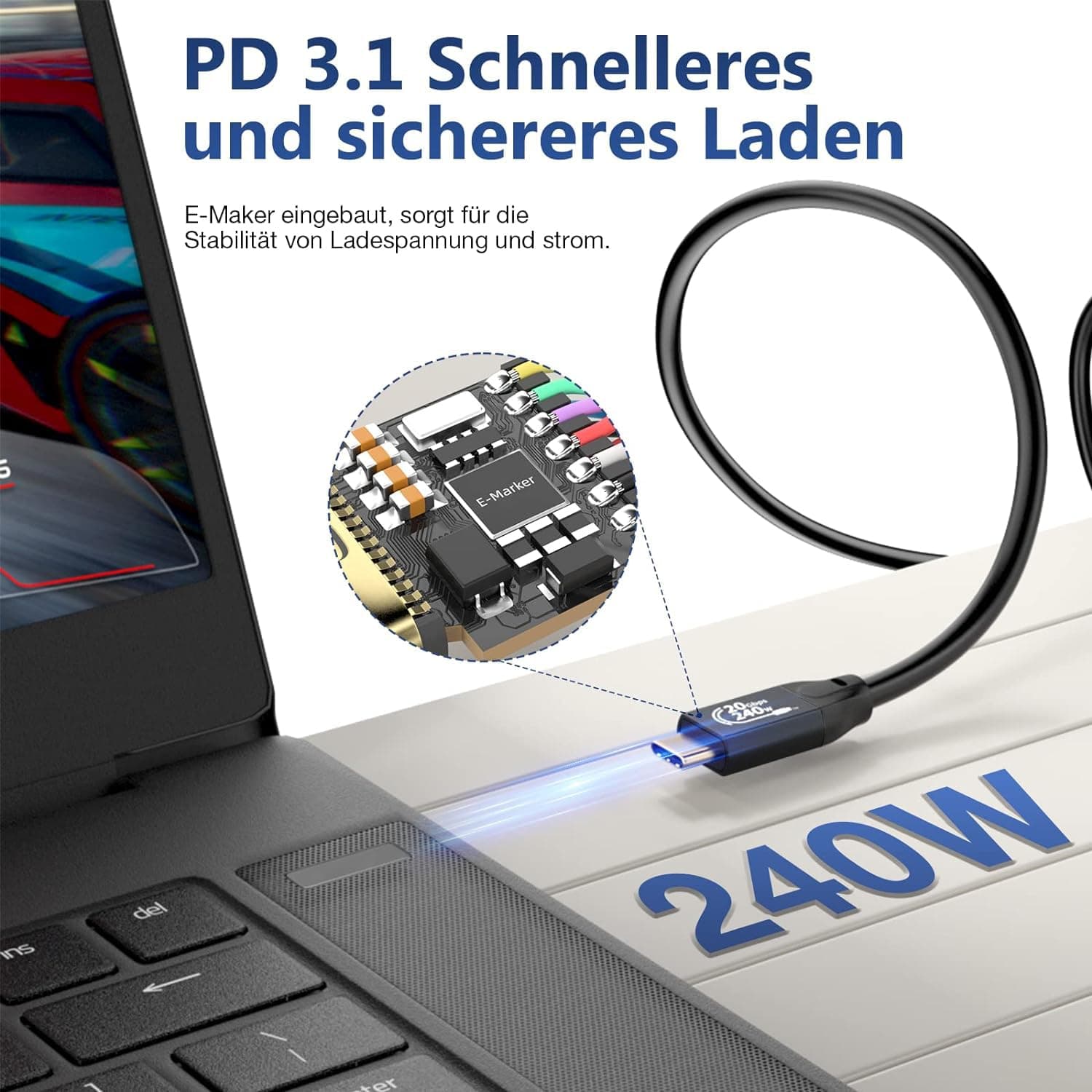 Cablu USB-C 3.2 Gen 2 CHENLENIC 20Gbps Type-C 4K@60Hz video 5A/240W PD3.1 premium