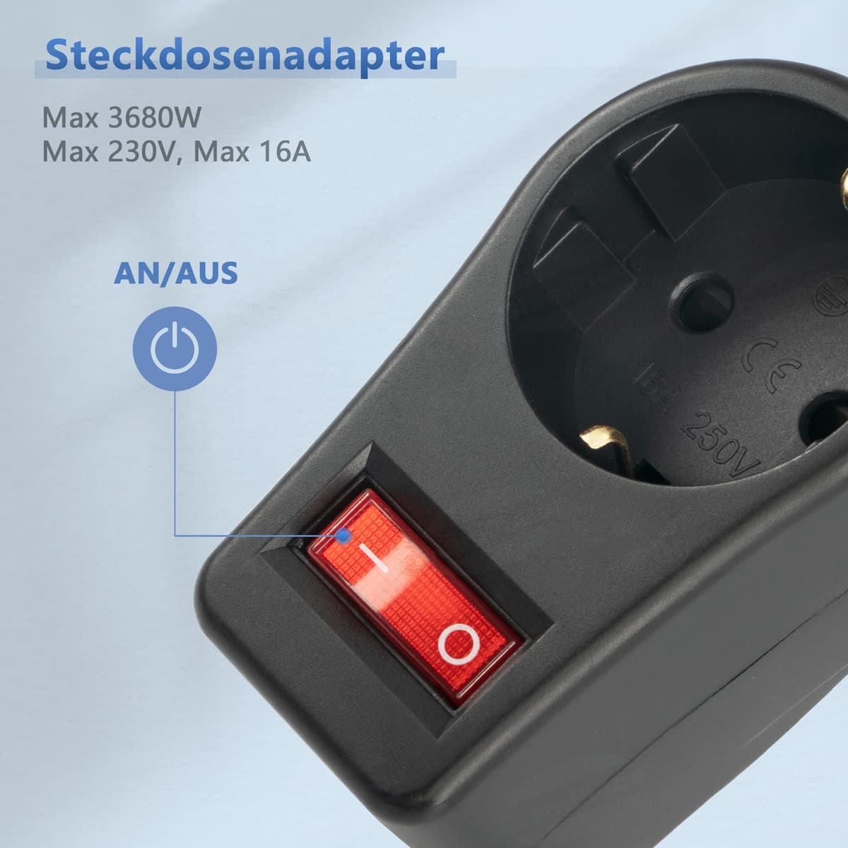 GlamPiece priză cu întrerupător, adaptor priză 1 cale comutabil, negru (3 bucăți)