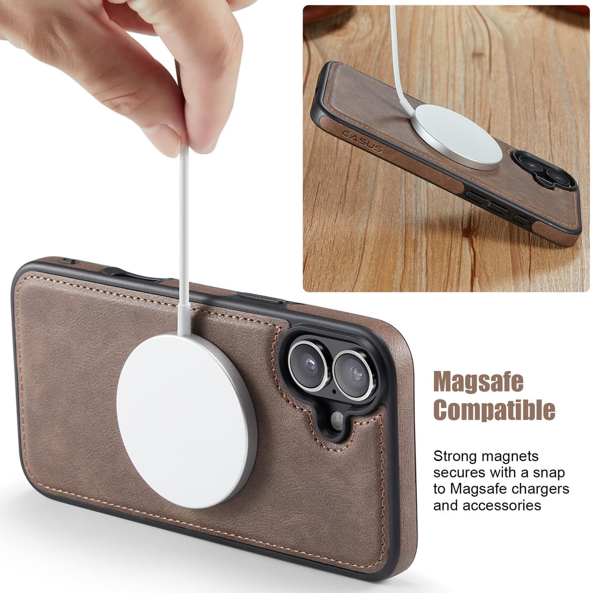 Husă Piele iPhone 16 Încărcare Wireless Compatibil, Piele Vegan Premium – Gri