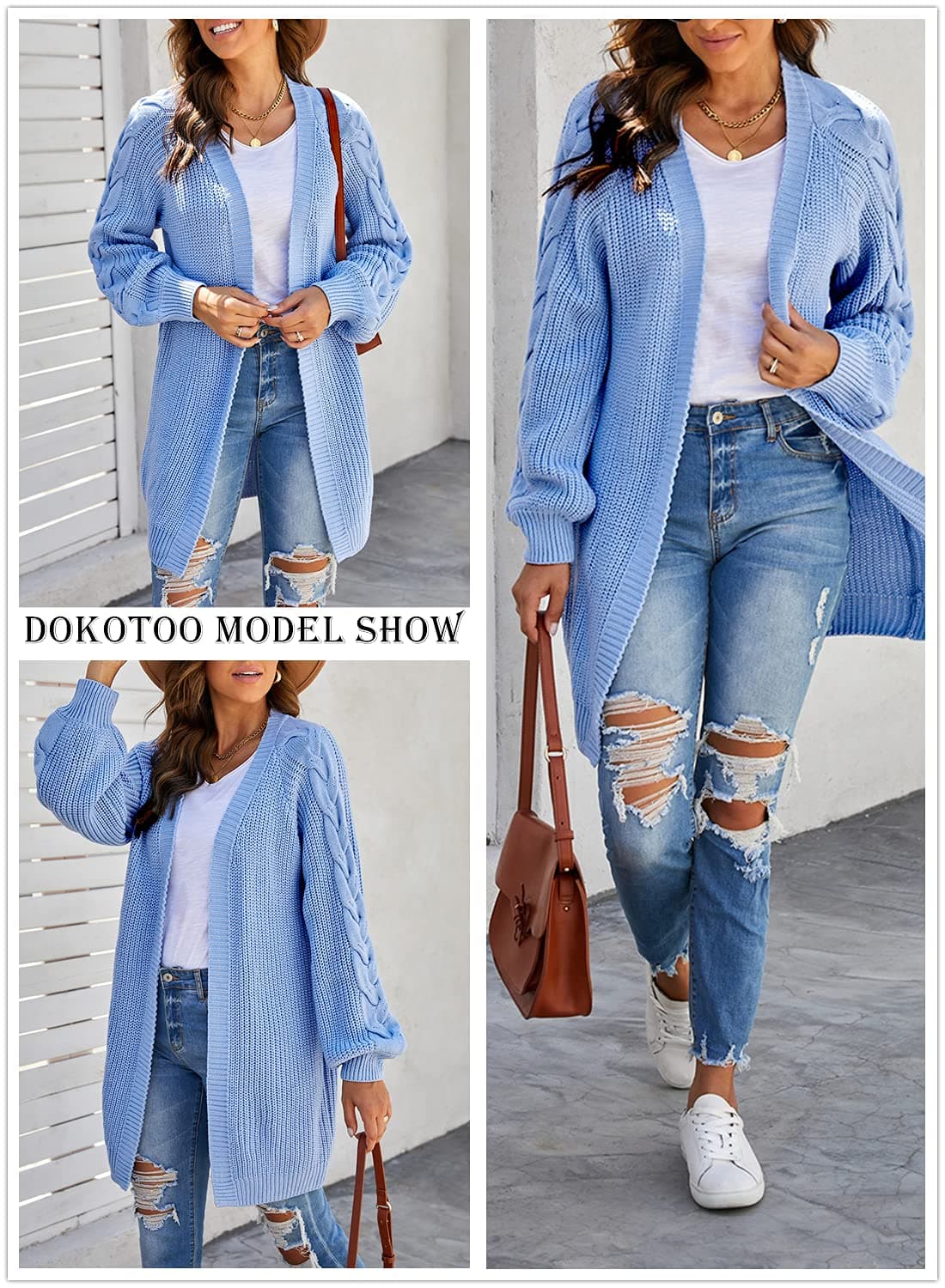 Cardigan Lung Femei Pulover Tricotat Gros Palton Toamnă/Iarnă – Albastru Cer L