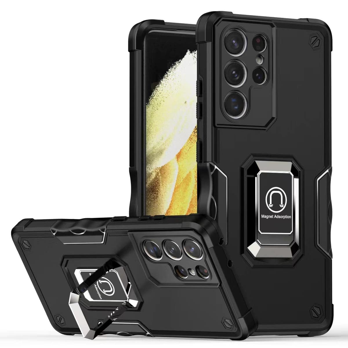 Whyzshiyi husă Samsung Galaxy S21 Ultra 5G cu suport inel, PC+TPU dublu strat protecție anti-șoc - negru