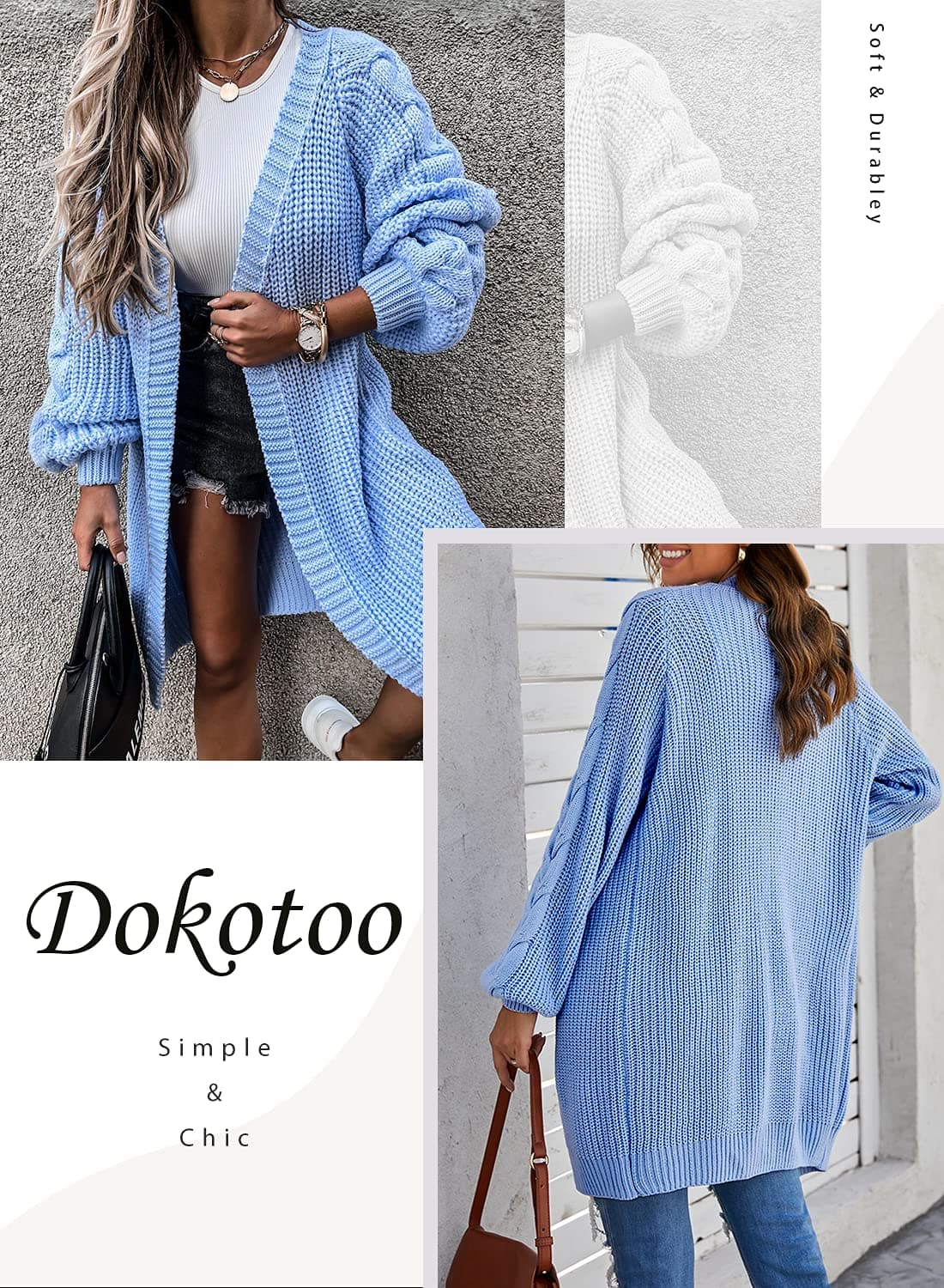 Cardigan Lung Femei Pulover Tricotat Gros Palton Toamnă/Iarnă – Albastru Cer L