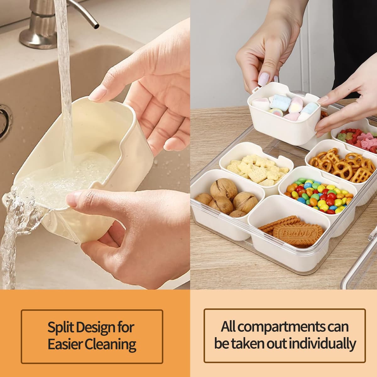 Tavă gustări cu capac și mâner, 8 compartimente tavă servire portabilă – Negru