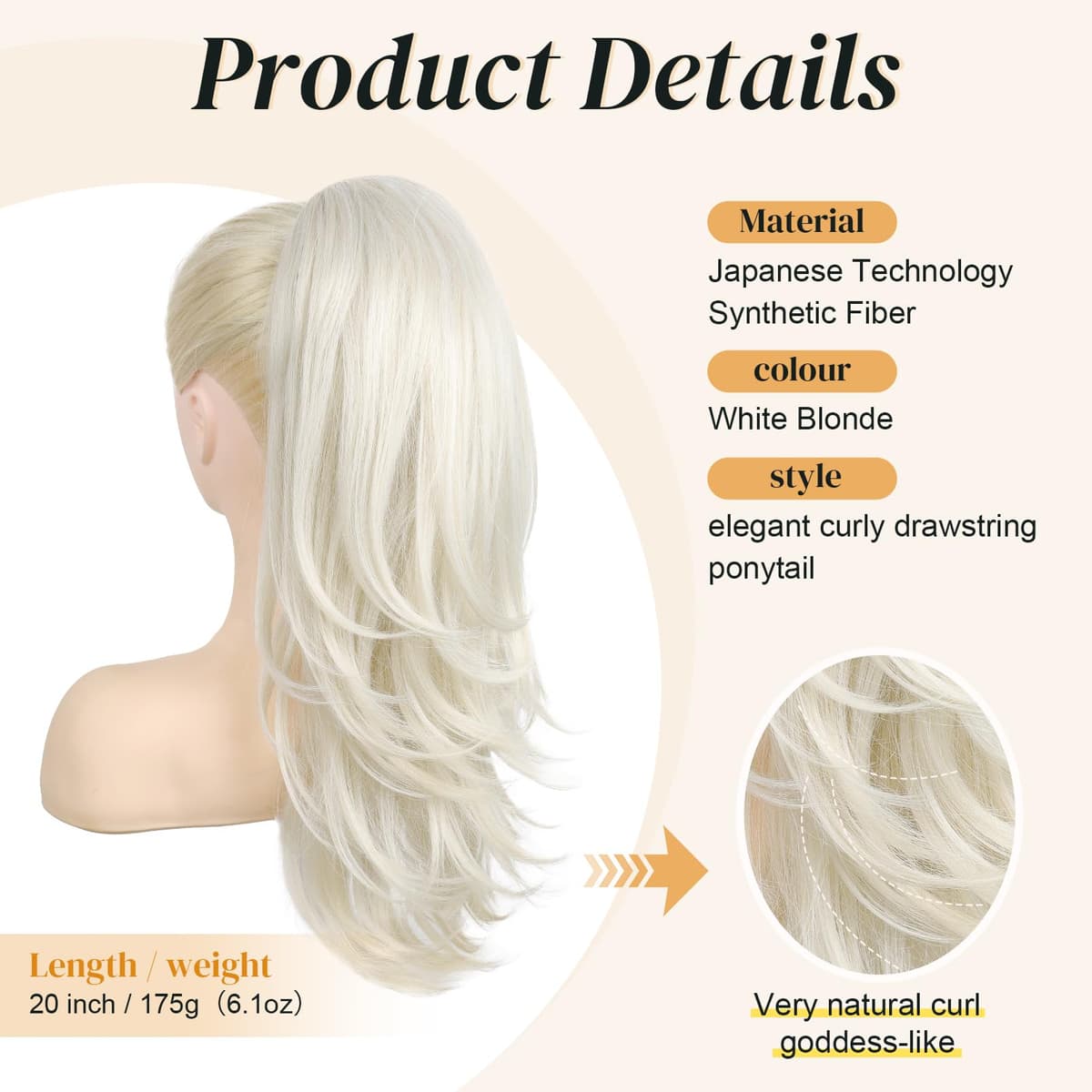 Extensie păr coadă cu șnur 50 cm - blond alb