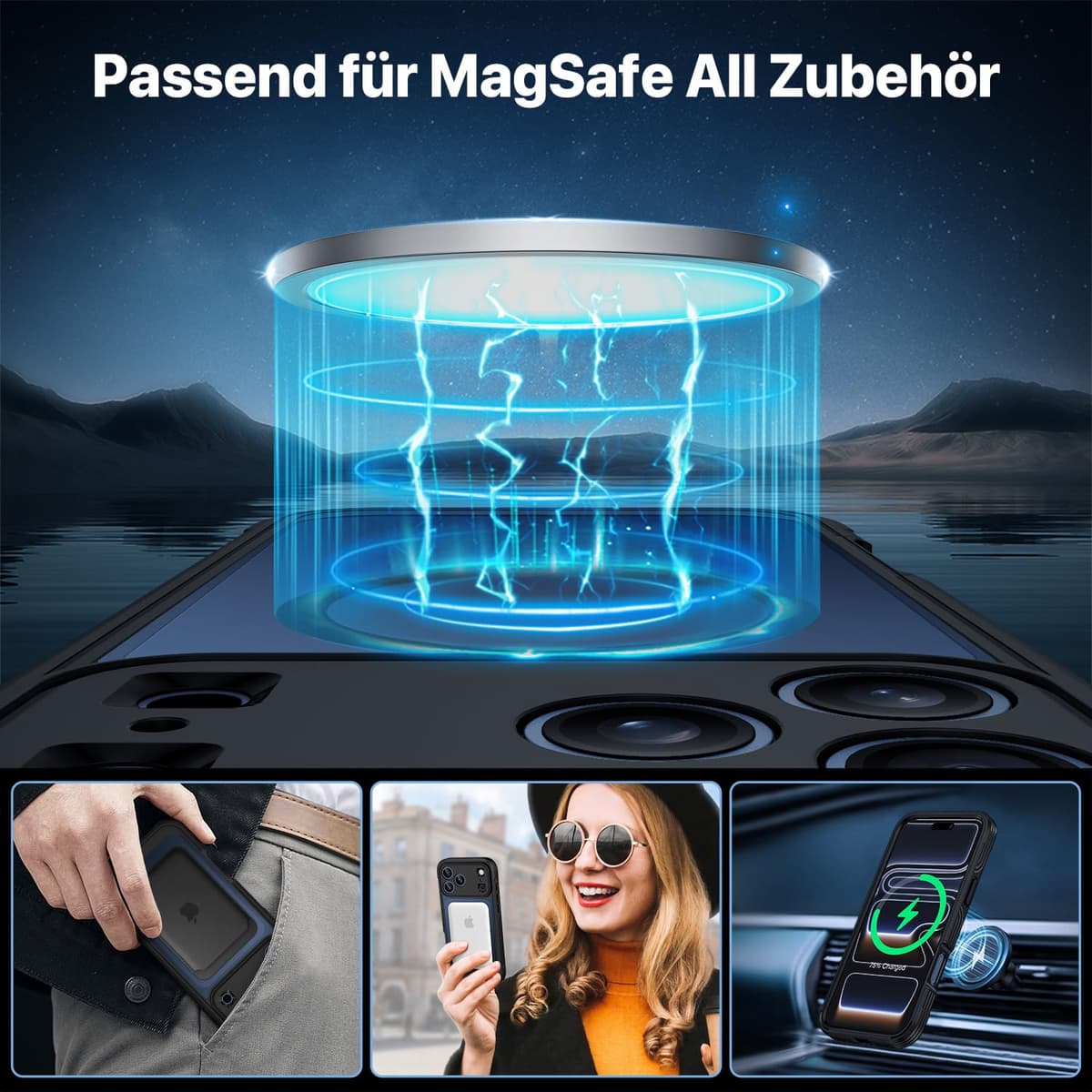 CENHUFO Husă iPhone 17 Pro cu MagSafe & Protecție Sticlă 9H – Negru