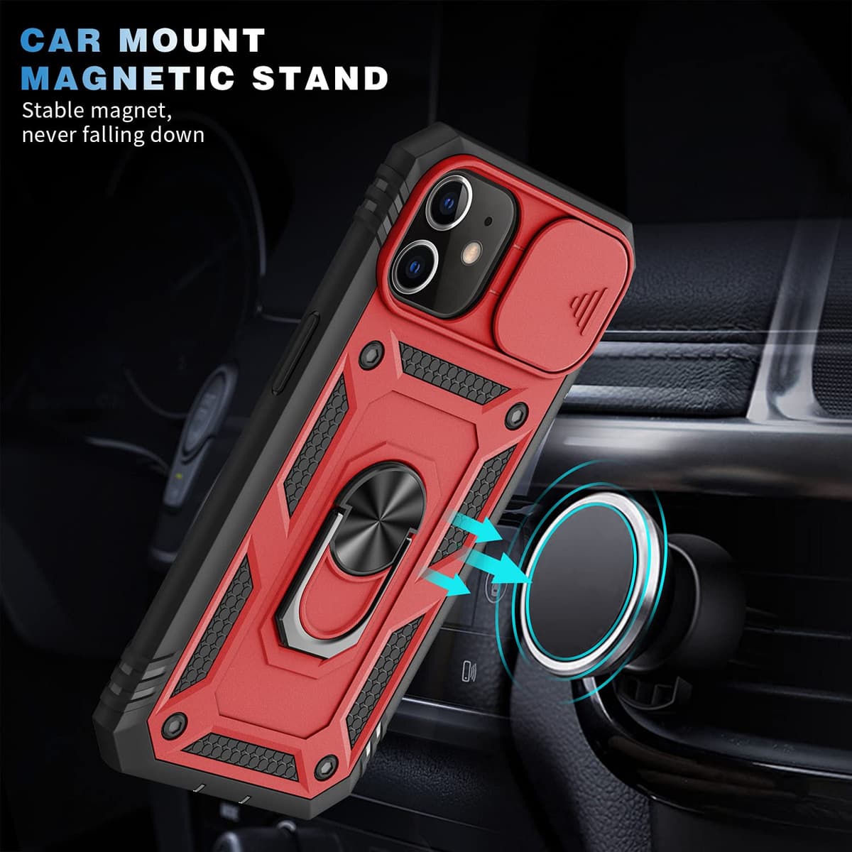 Whyzshiyi husă iPhone 11 Pro Max cu protecție cameră capac glisant, husă militară cu suport inel - albastru