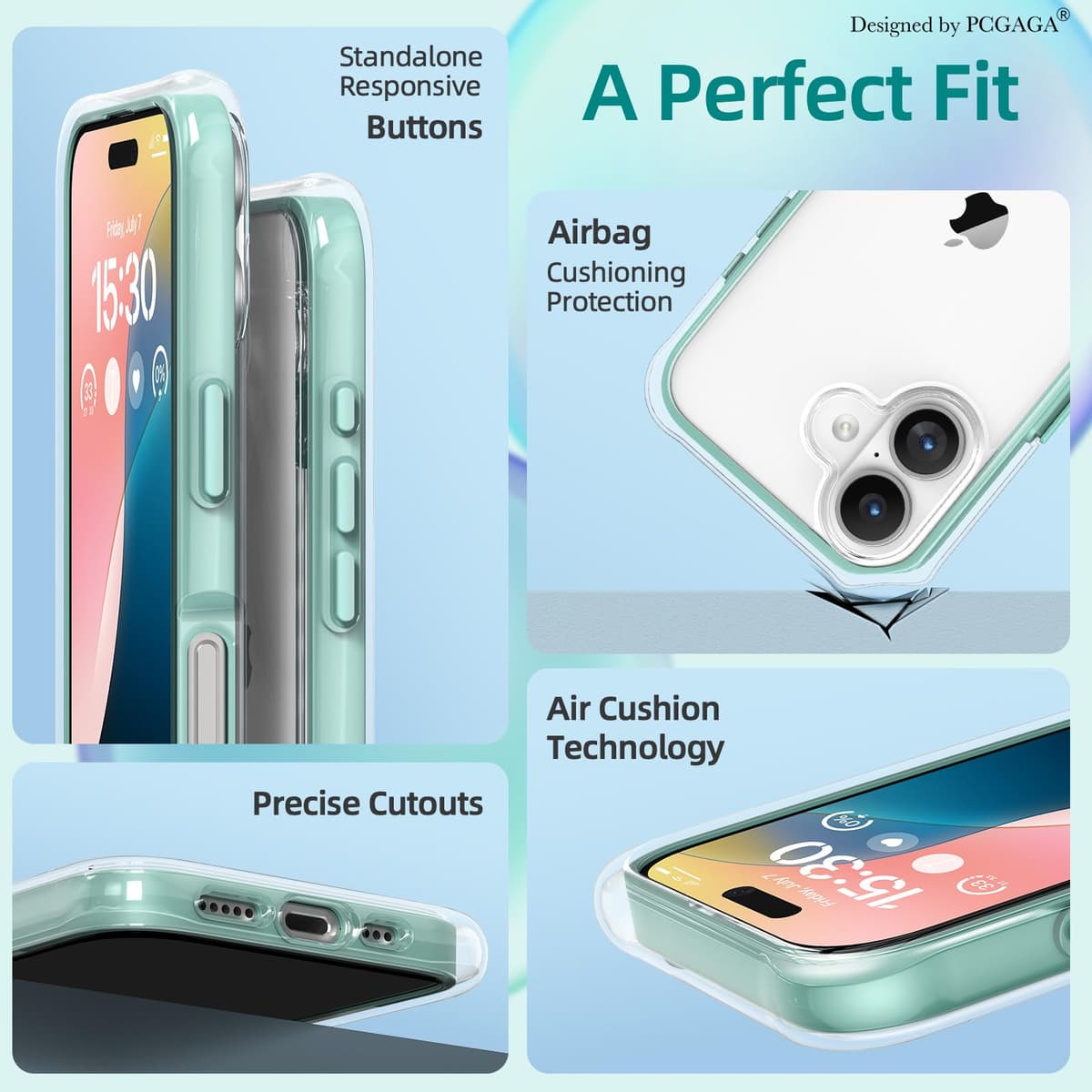 pcgaga husă iPhone 16 (2024), protecție militară cu airbag-uri, spate transparent rezistent verde