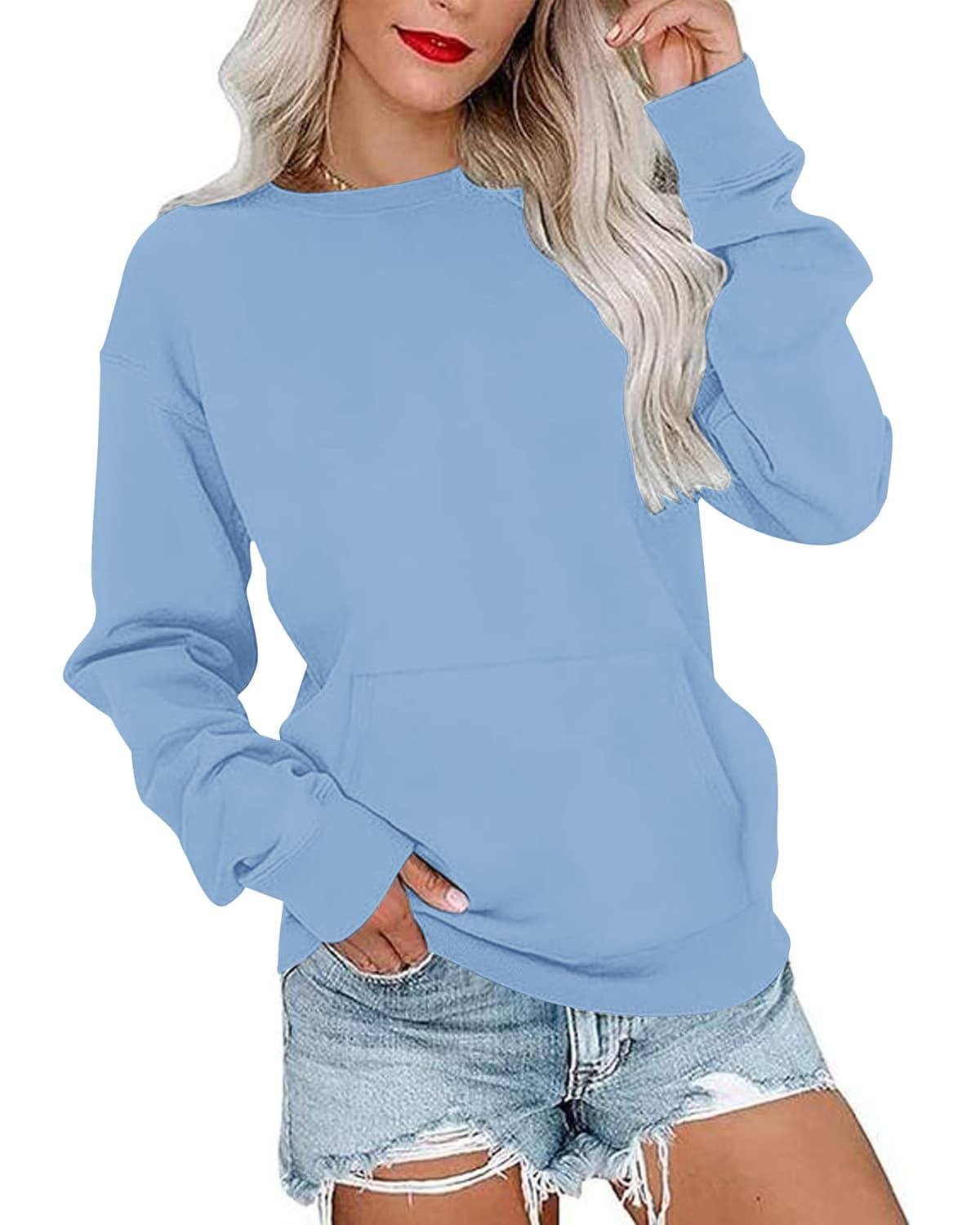 PLOKNRD bluză femei mâneci lungi guler rotund cu buzunare - albastru deschis XL