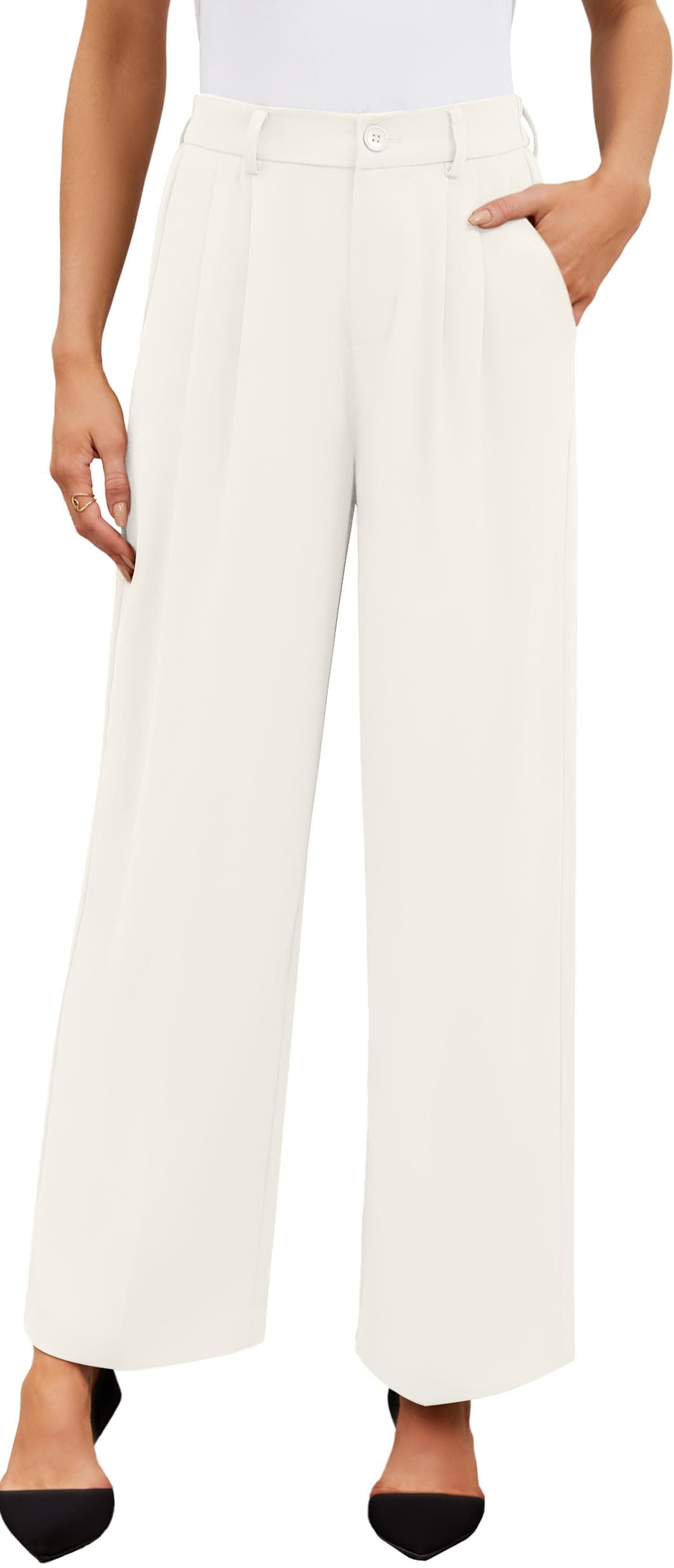 Pantaloni largi talie înaltă casual vară femei cu buzunare – bej S