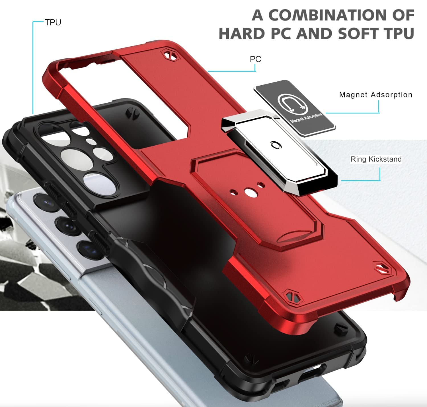 Husă Whyzshiyi Samsung S21 Ultra 5G albastră inel rotativ anti-șoc stand