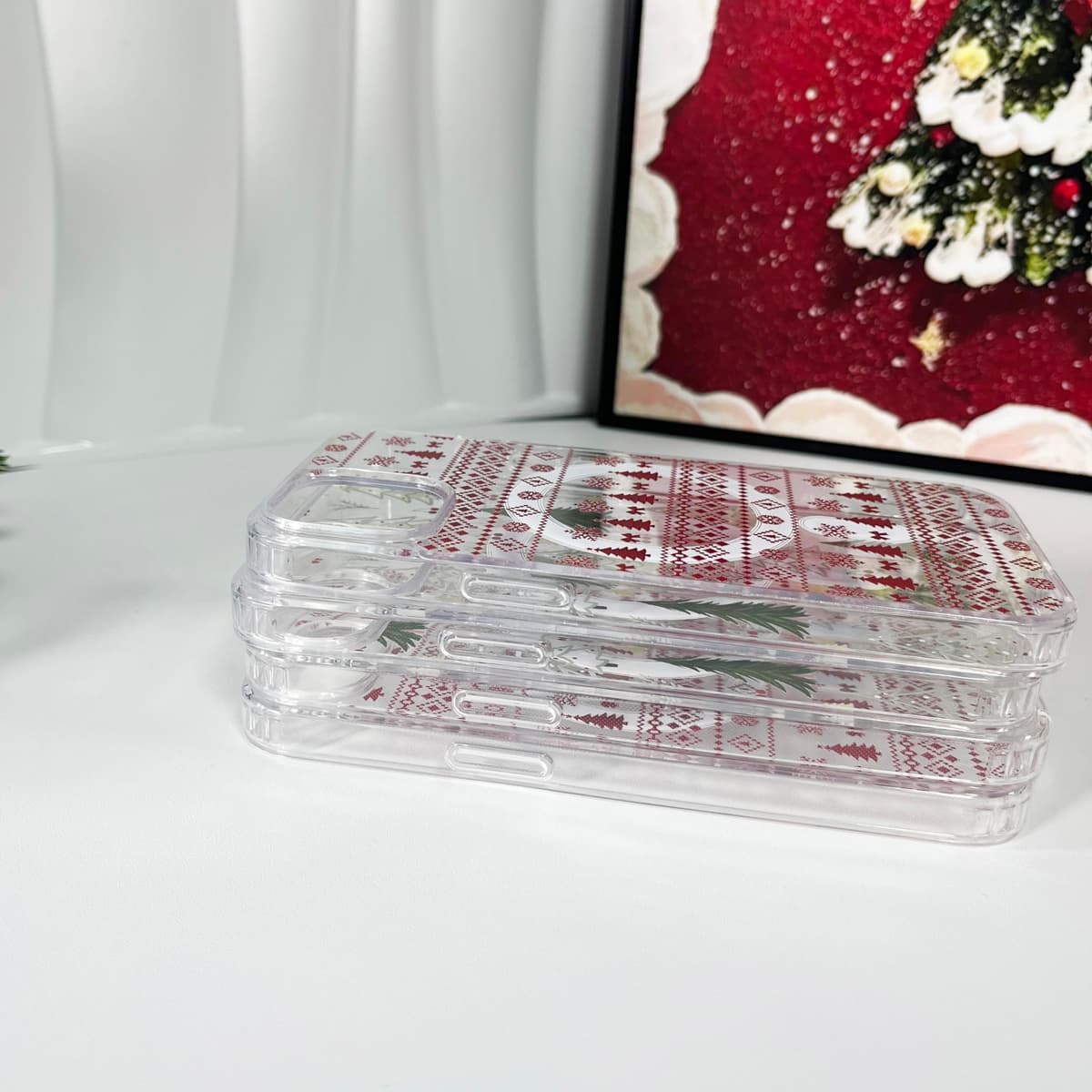 ZTOFERA Husă Magnetică pentru iPhone 16 Pro, Husă Transparentă cu Model Flori Compatibilă MagSafe Încărcare Wireless, Protecție Șocuri - Roșu Crăciun