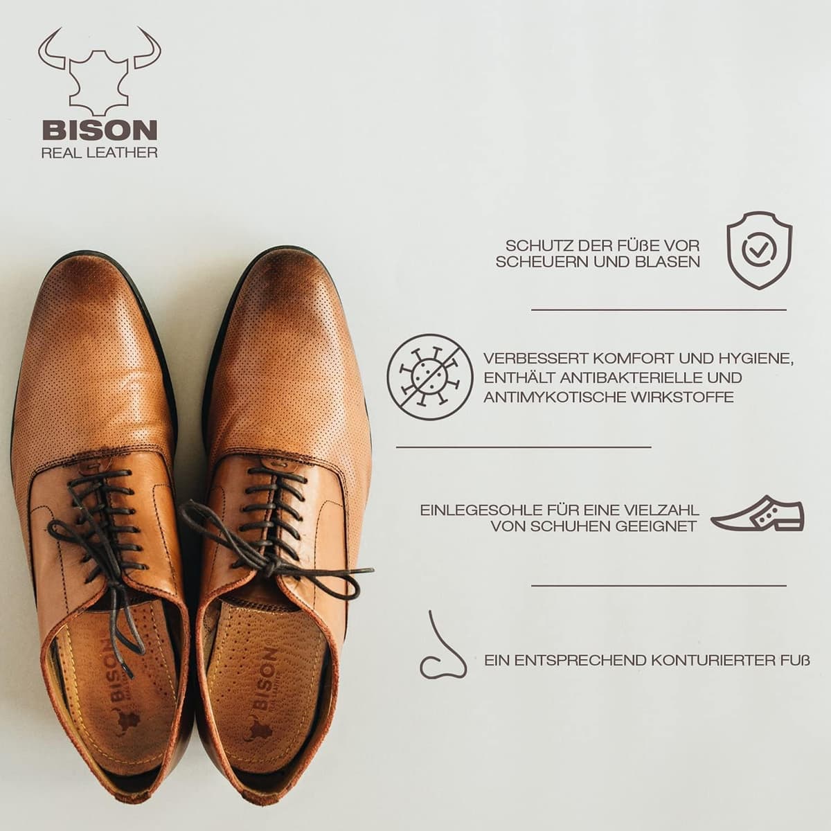 BISON branțuri piele cu plută naturală - 3 perechi branțuri anti-transpirație - branțuri piele pantofi (37/38)