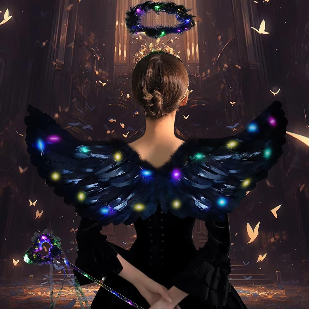 Aripi înger luminoase cu LED și aureolă pentru costum femei – Negru