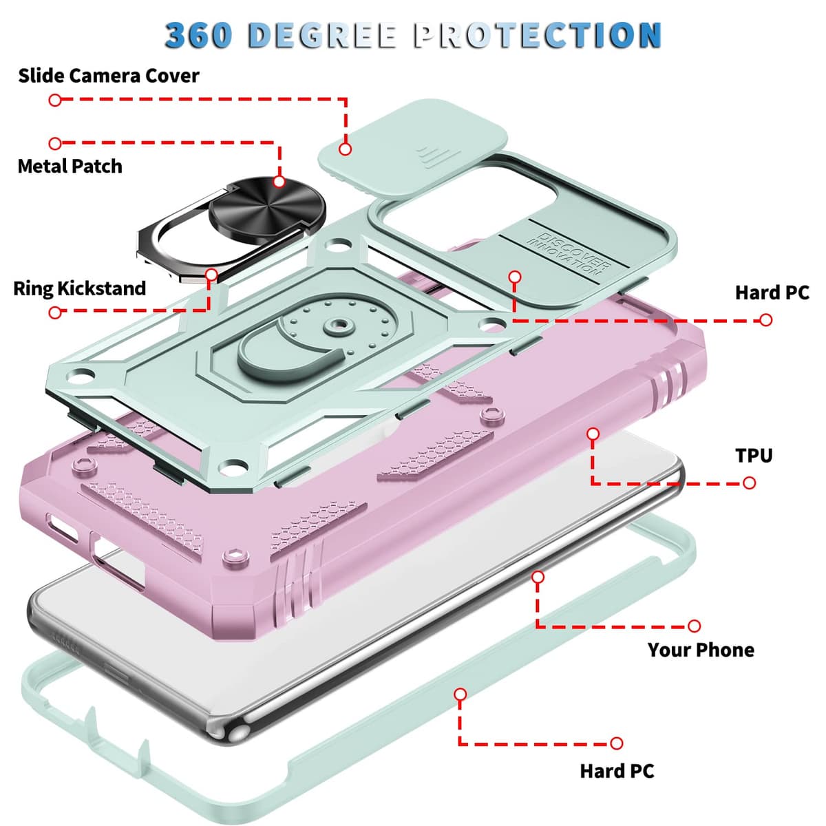 Whyzshiyi husă Samsung Galaxy S21 Ultra cu protecție cameră capac glisant, husă militară cu suport inel - roz