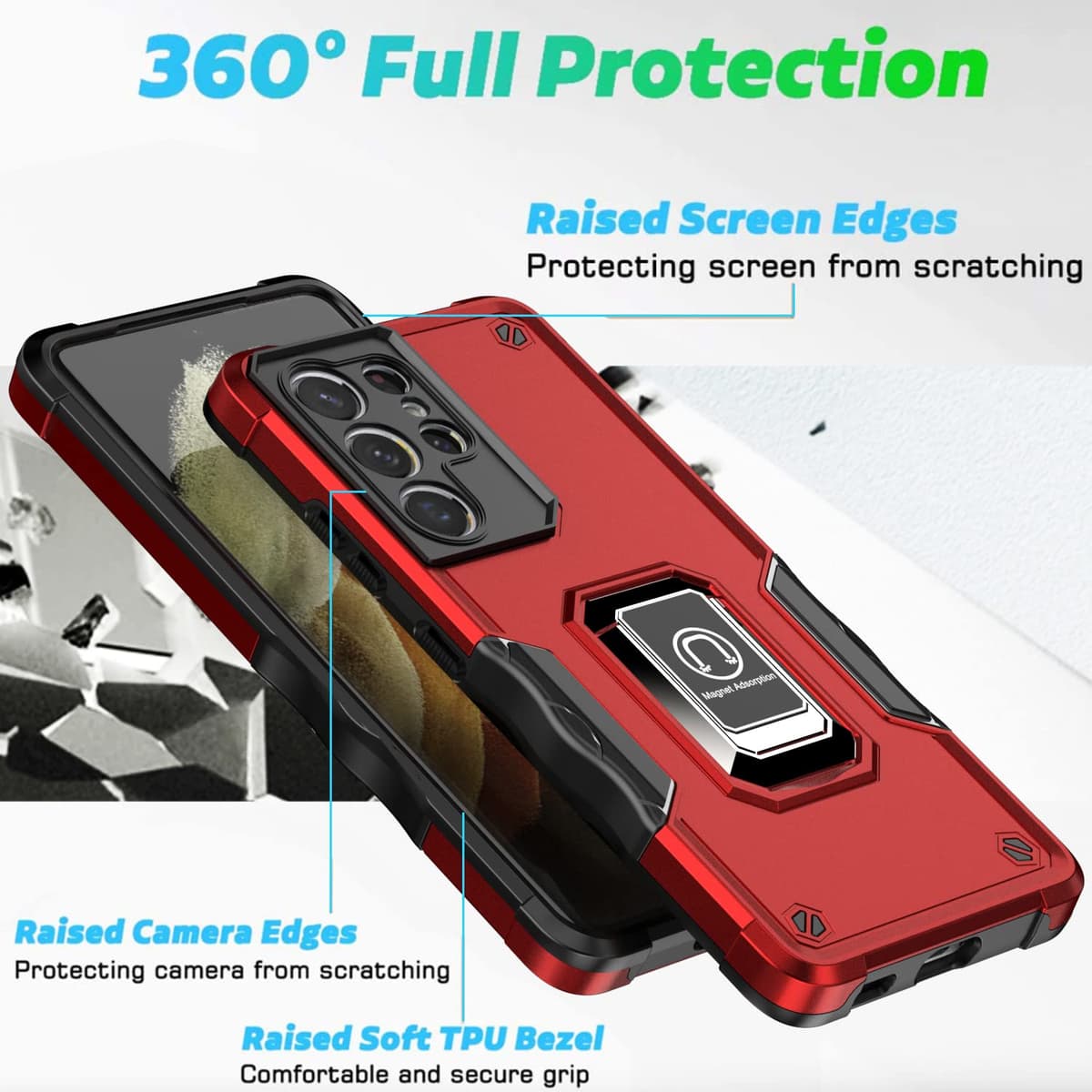 Whyzshiyi husă Samsung Galaxy S21 Ultra 5G cu suport inel, PC+TPU protecție șocuri S21 Ultra 5G 6.8" roșu