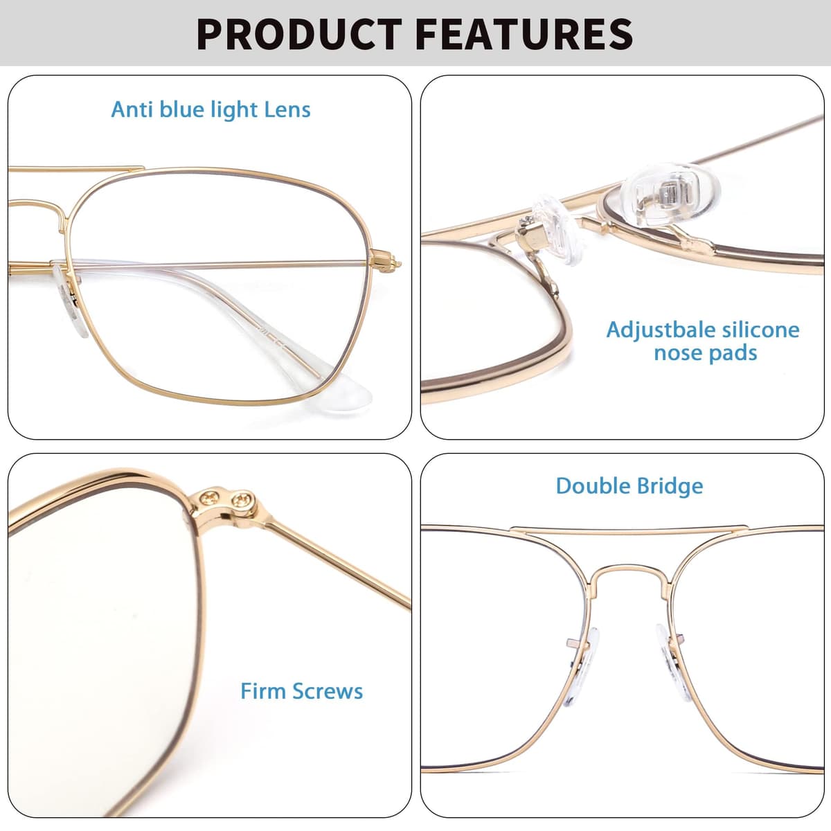 JM Ochelari aviator protecție lumină albastră calculator, protecție ochi (ramă aurie)