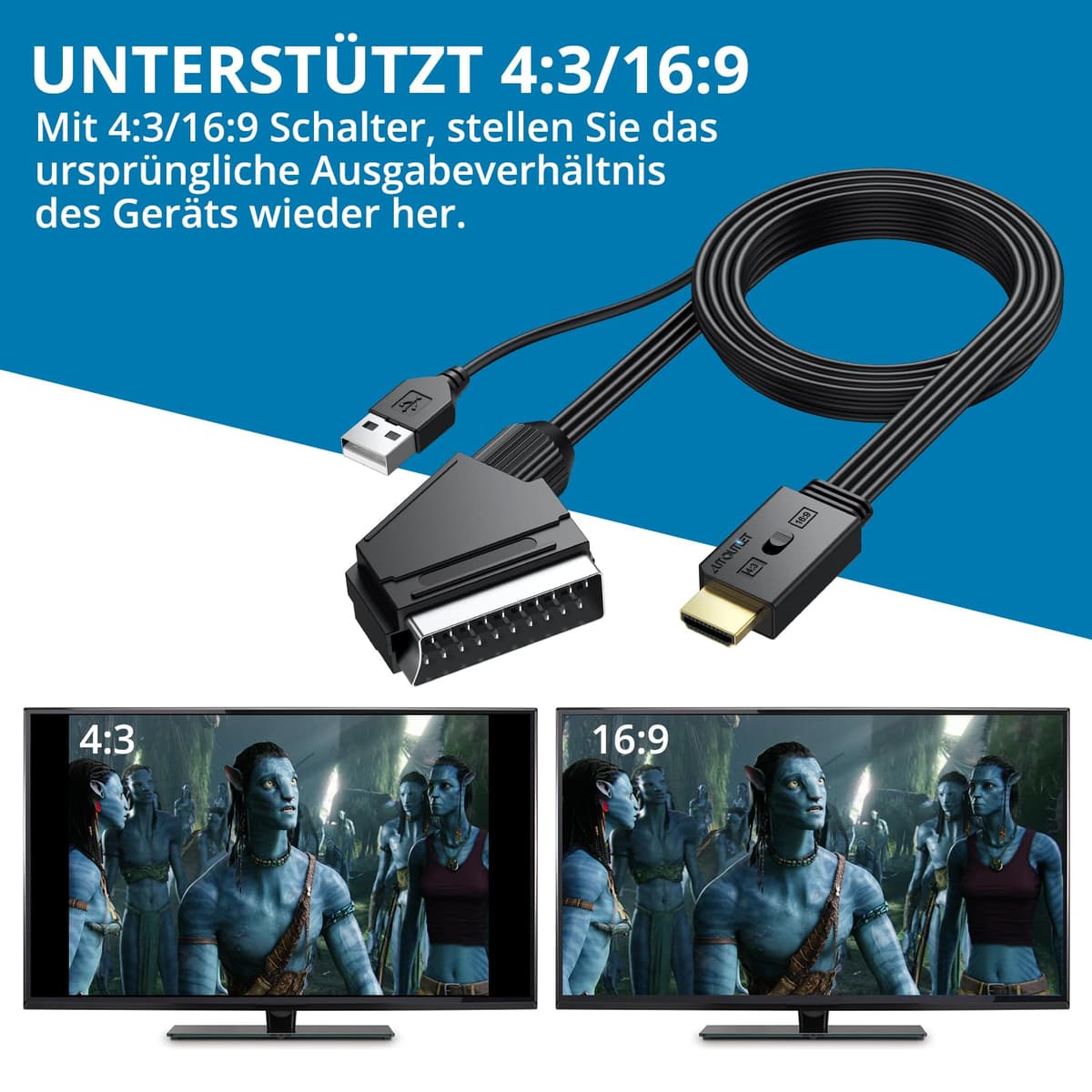 Convertor RCA la HDMI 1080P cu Cablu Scart 150cm, Adaptor AV la HDMI pentru HDTV – Negru