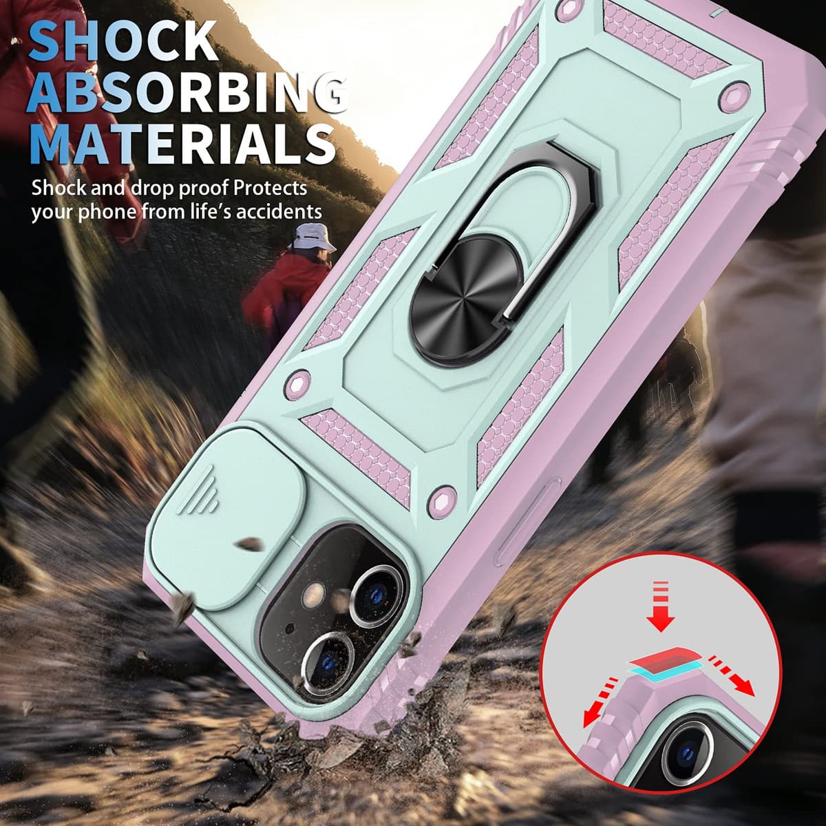 Whyzshiyi husă iPhone 12 cu protecție cameră capac glisant, husă militară anti-șoc cu suport inel - roz