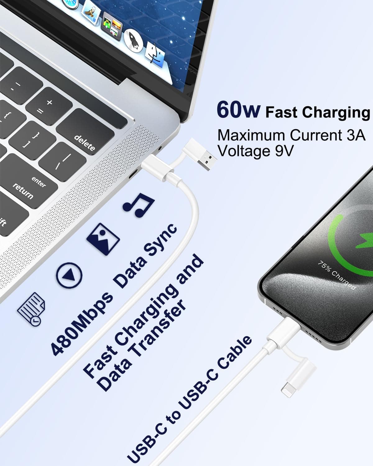 Cablu Încărcare Multi 4-în-1 60W Încărcare Rapidă USB C la USB C cu Adaptor Lightning – 2M