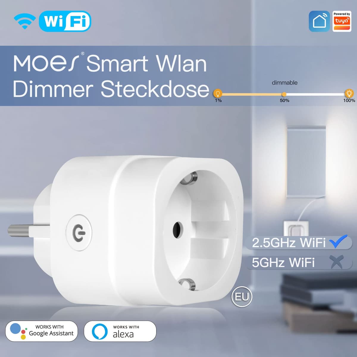 MOES Priză inteligentă dimmer Wi-Fi 2.4GHz pentru LED-uri, control vocal Alexa Google