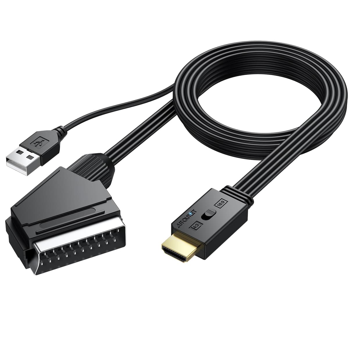 Convertor RCA la HDMI 1080P cu Cablu Scart 150cm, Adaptor AV la HDMI pentru HDTV – Negru
