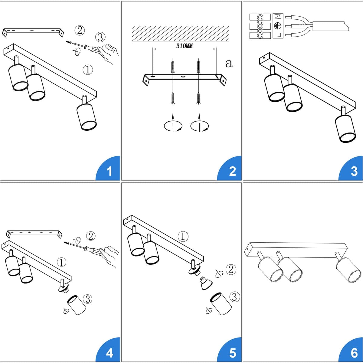 Klighten Spot de tavan alb GU10, 3 spoturi pivotante pentru bucătărie, dormitor, lungime 39cm, fără bec